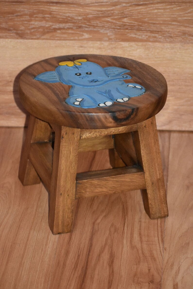 Children's Wooden Stool Blue Baby ELEPHANT Themed Chair Toddlers Step sitting Stool - SILBERSHELL