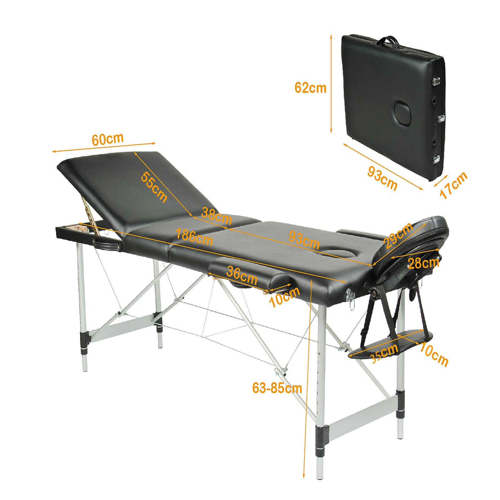 Black 3 Fold Portable Aluminium Massage Table Massage Bed Beauty Therapy - SILBERSHELL