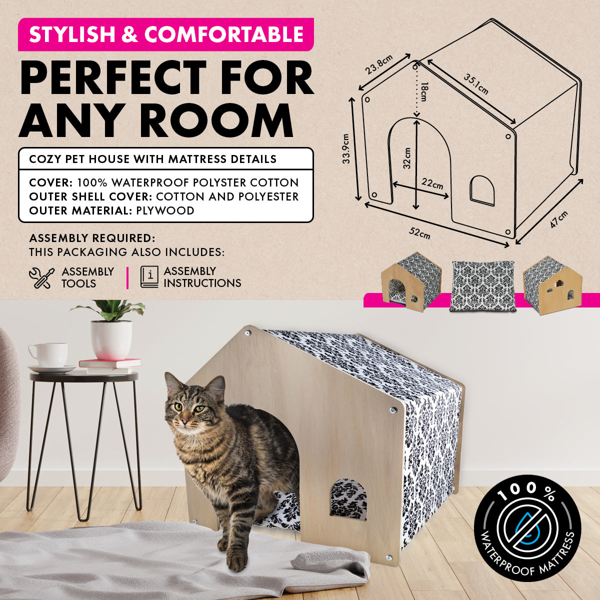 Pet Basic Vintage Cozy Cat House Waterproof Mattress 52 x 47 x 50cm - SILBERSHELL