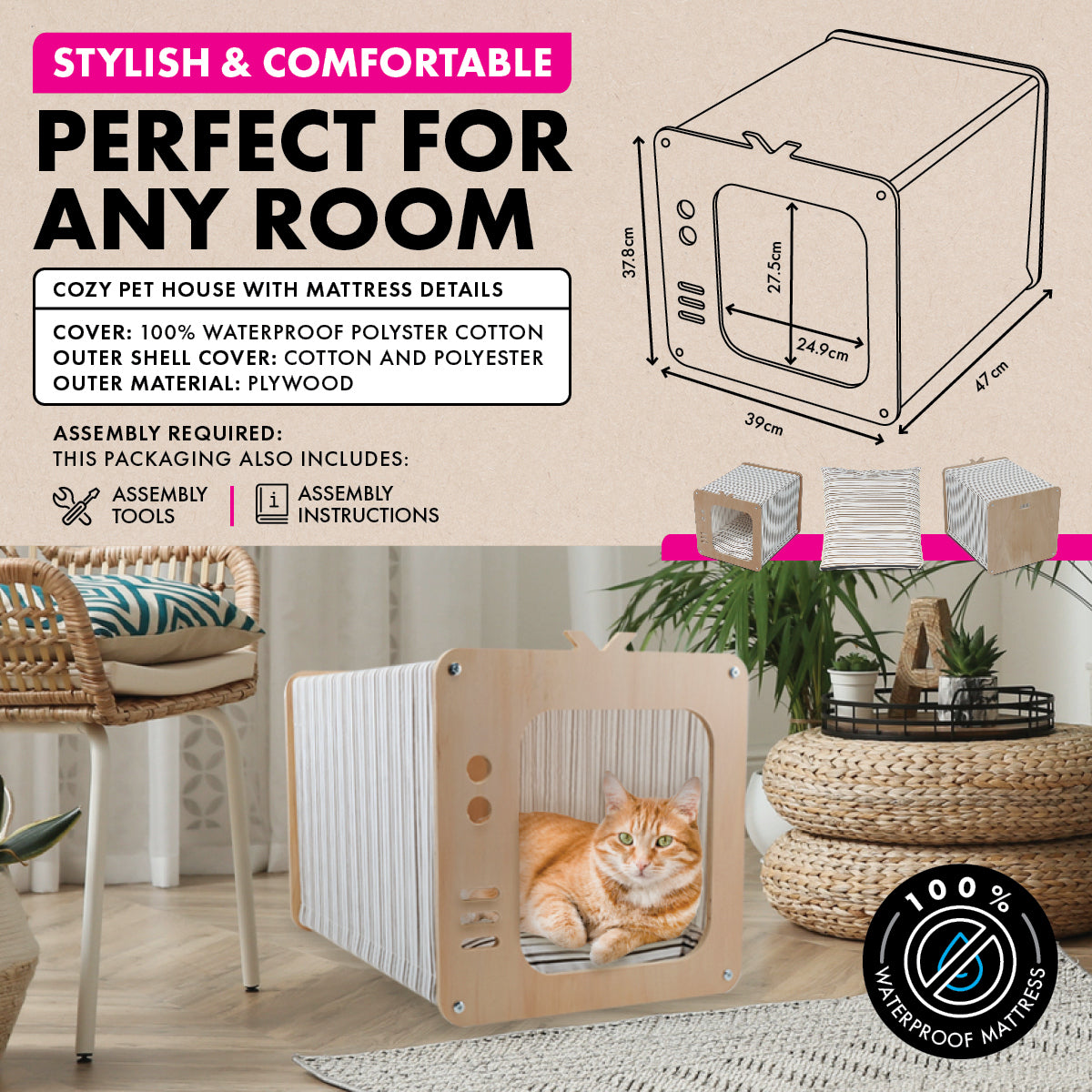 Pet Basic Retro TV Cozy Cat House Waterproof Mattress 39 x 47 x 38cm - SILBERSHELL