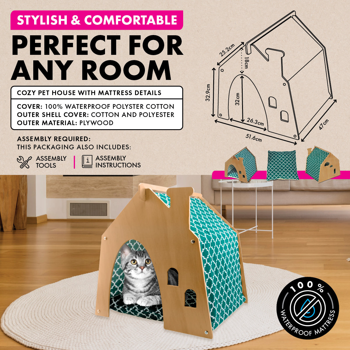 Pet Basic Chimney Cozy Green Cat House Waterproof Mattress 52 x 47cm x 50cm - SILBERSHELL