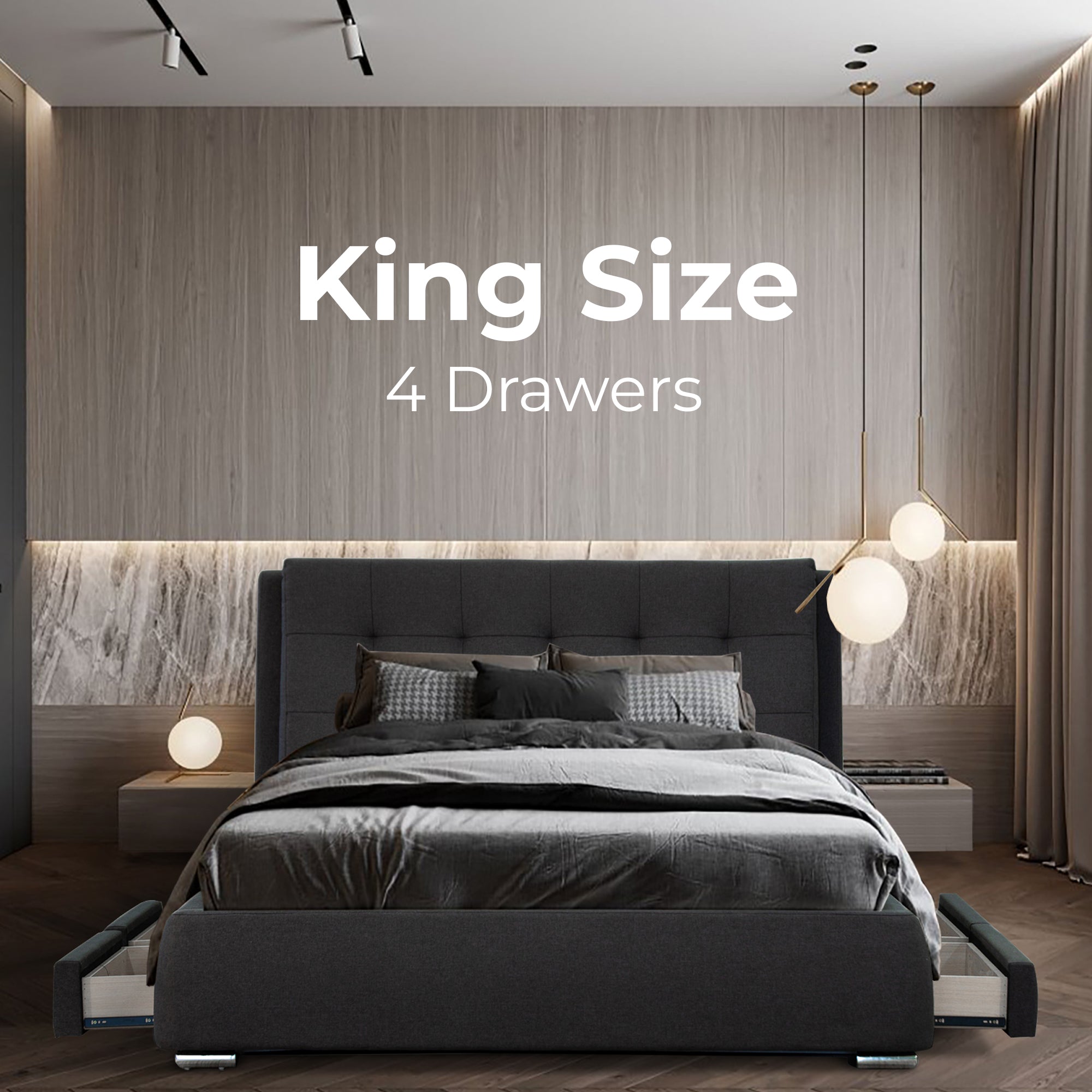 Kiama King Size Bed Frame Timber Mattress Base With Storage Drawers - Grey - SILBERSHELL