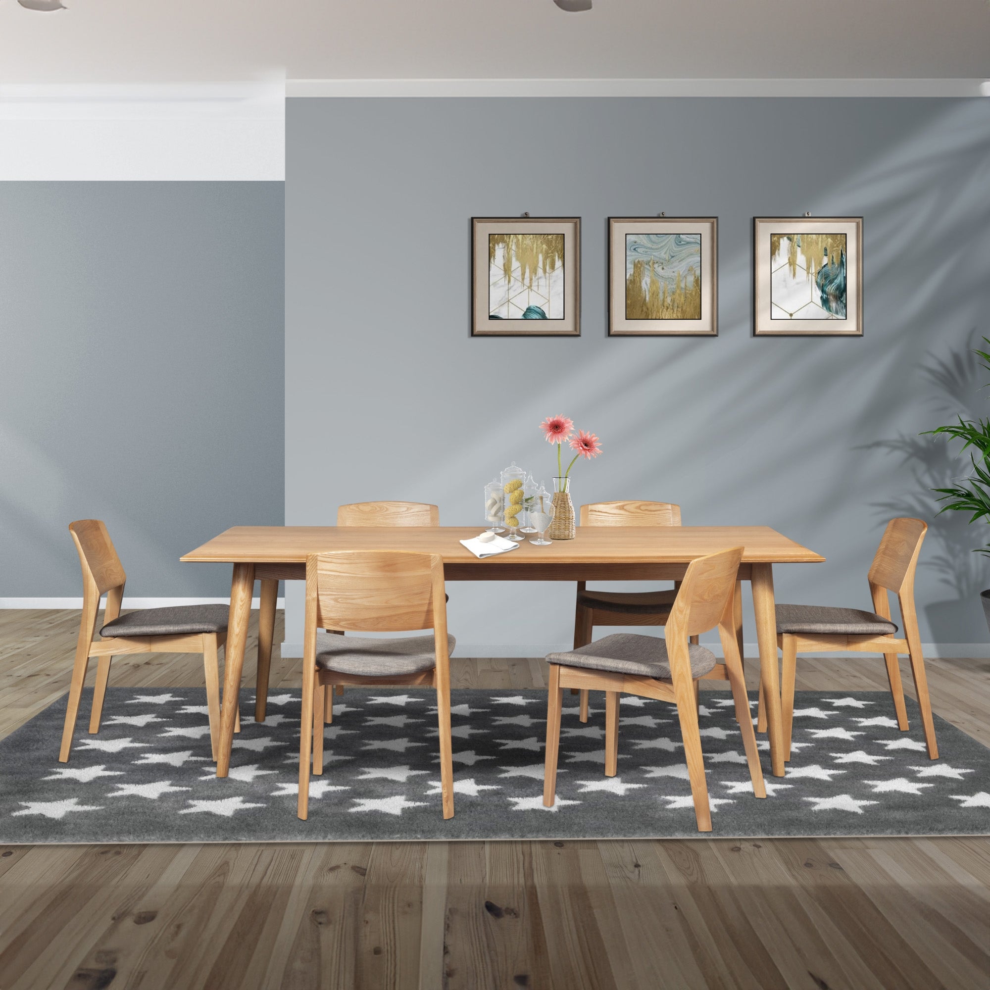 Emilio 7pc 180cm Dining Table Set Fabric Chair Solid Ash Wood Oak - SILBERSHELL