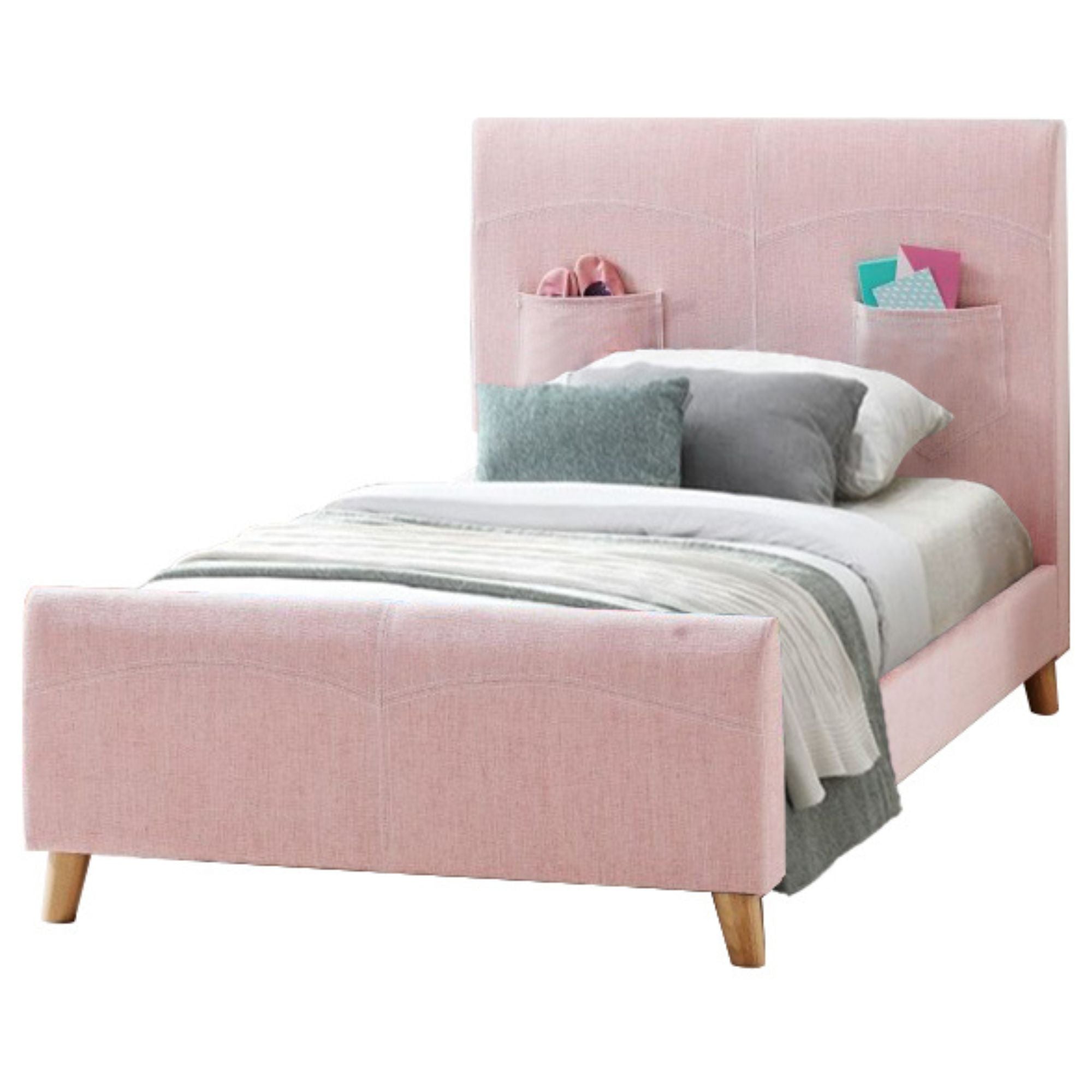 Phlox Kids Child Single Bed Fabric Upholstered Children Kid Timber Frame - Pink - SILBERSHELL