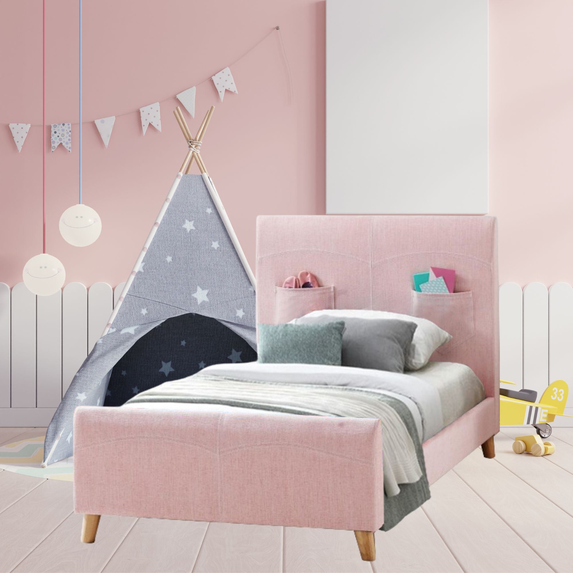 Phlox Kids Child Single Bed Fabric Upholstered Children Kid Timber Frame - Pink - SILBERSHELL