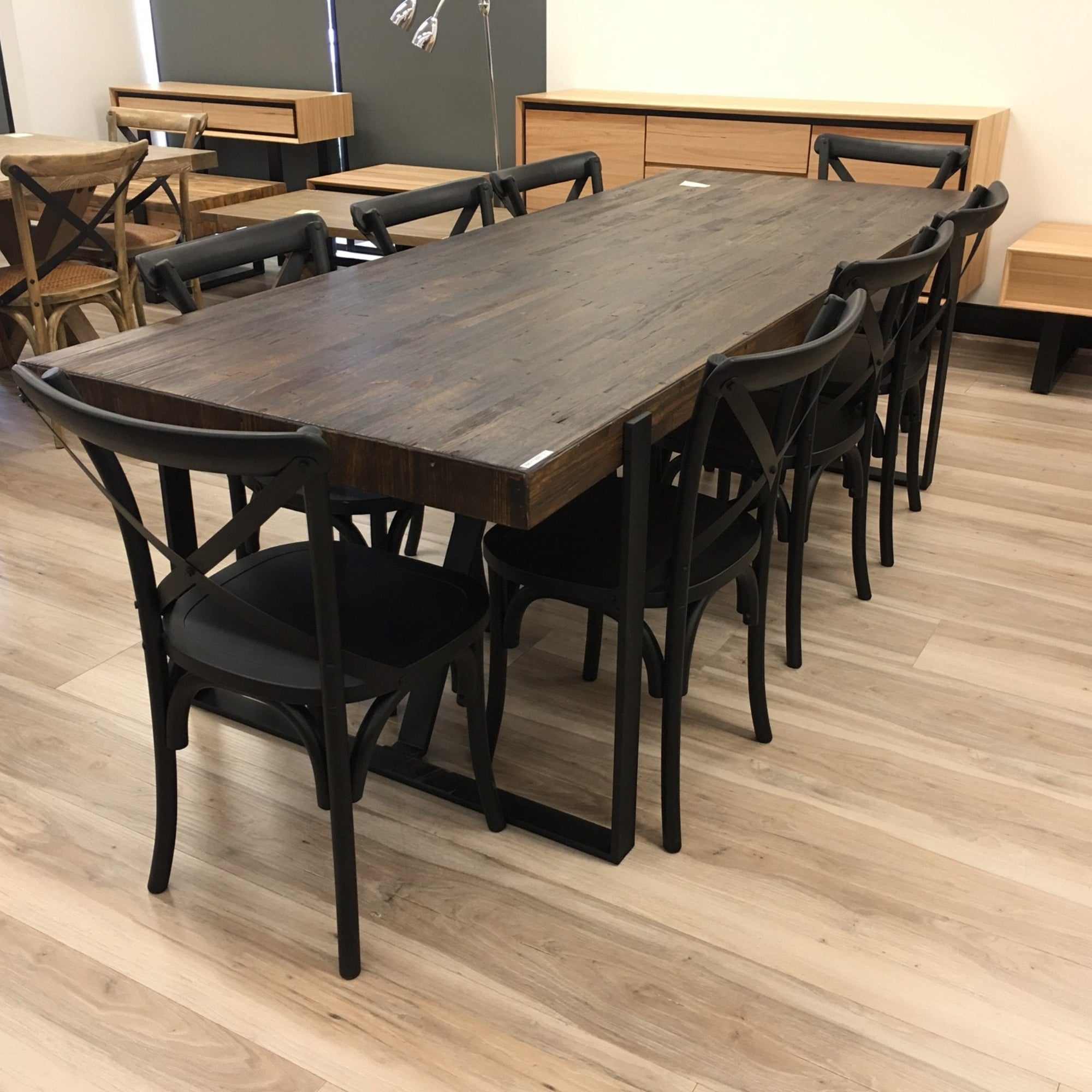 Rustica 9pc Dining Set 240cm Table 8 Chair Solid Timber Wood Seat Black - SILBERSHELL