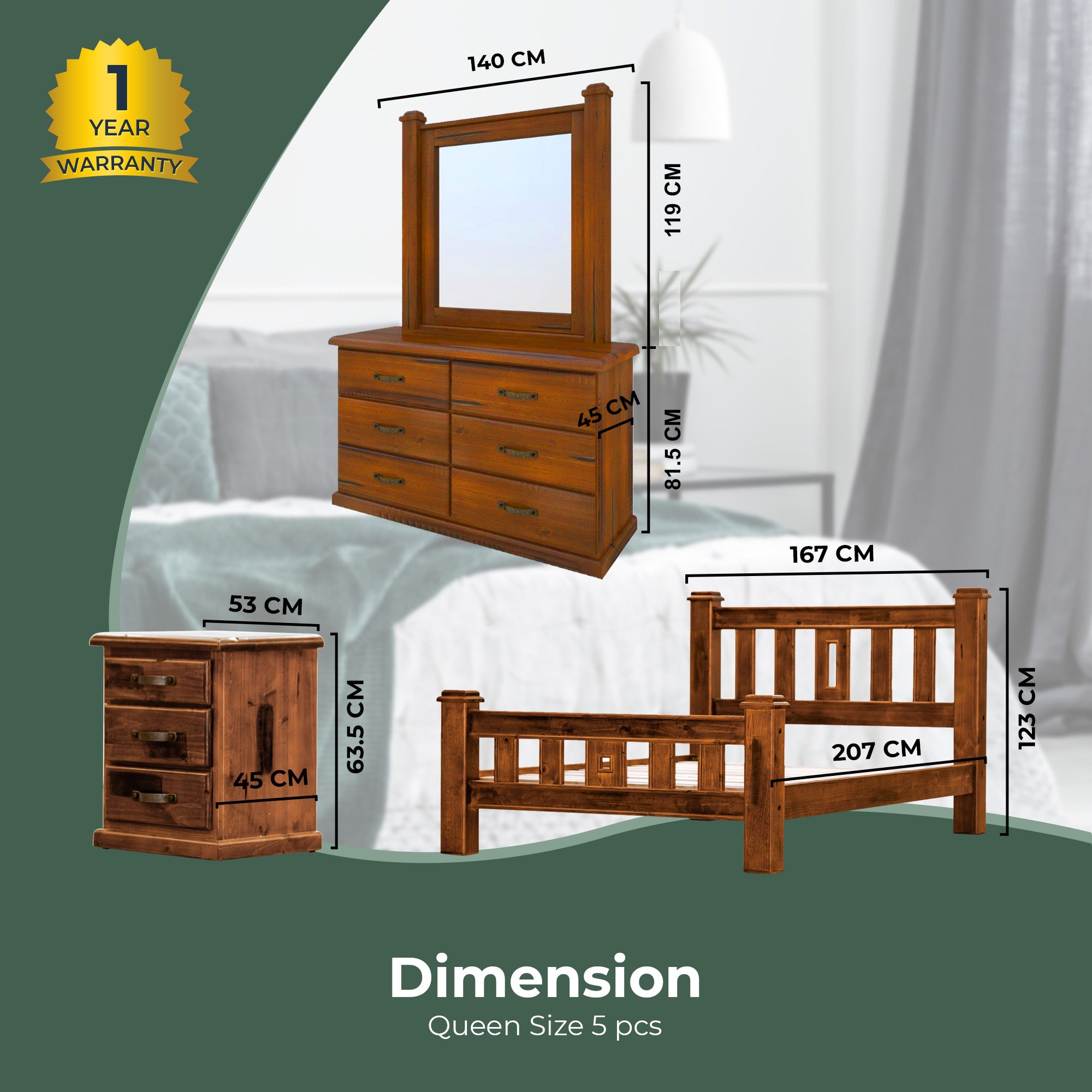 Umber 4pc Queen Bed Frame Suite Bedside Dresser Furniture Package - Dark Brown - SILBERSHELL