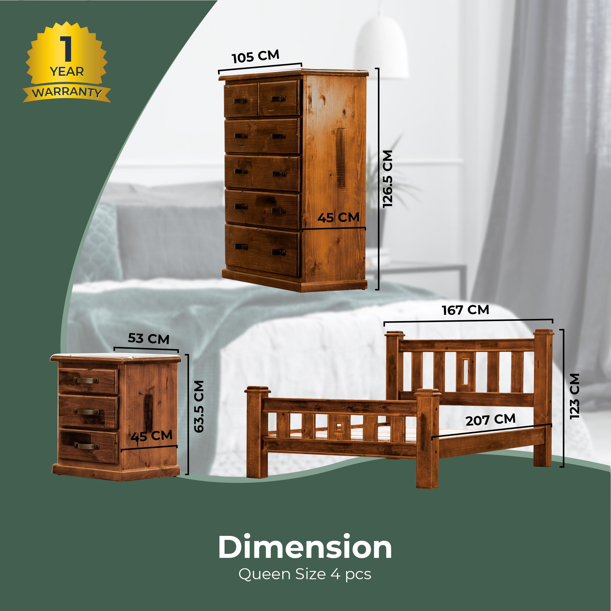 Umber 4pc Queen Bed Frame Suite Bedside Tallboy Furniture Package - Dark Brown - SILBERSHELL