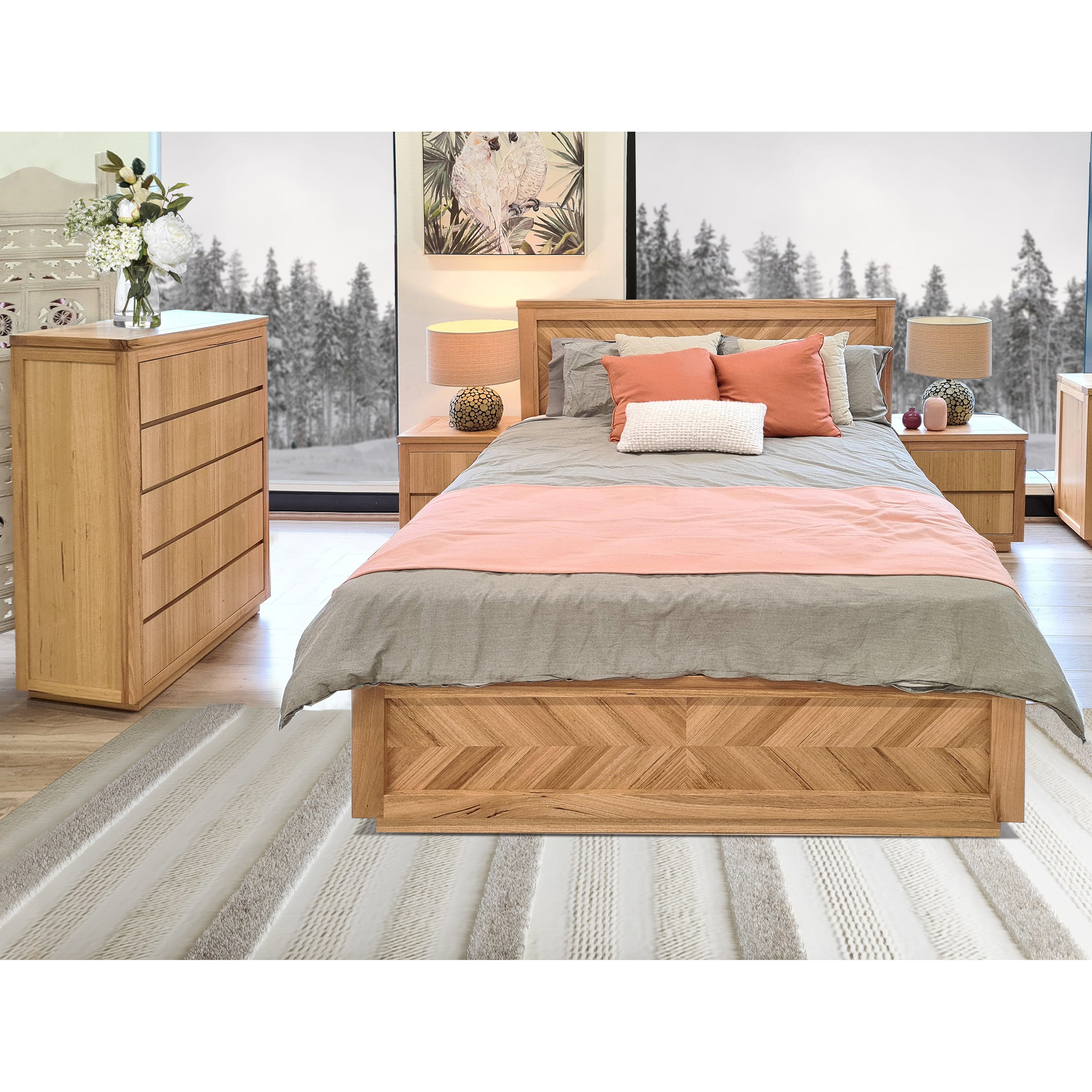 Rosemallow 4pc King Bed Frame Bedroom Suite Timber Bedside Tallboy Package Set - SILBERSHELL