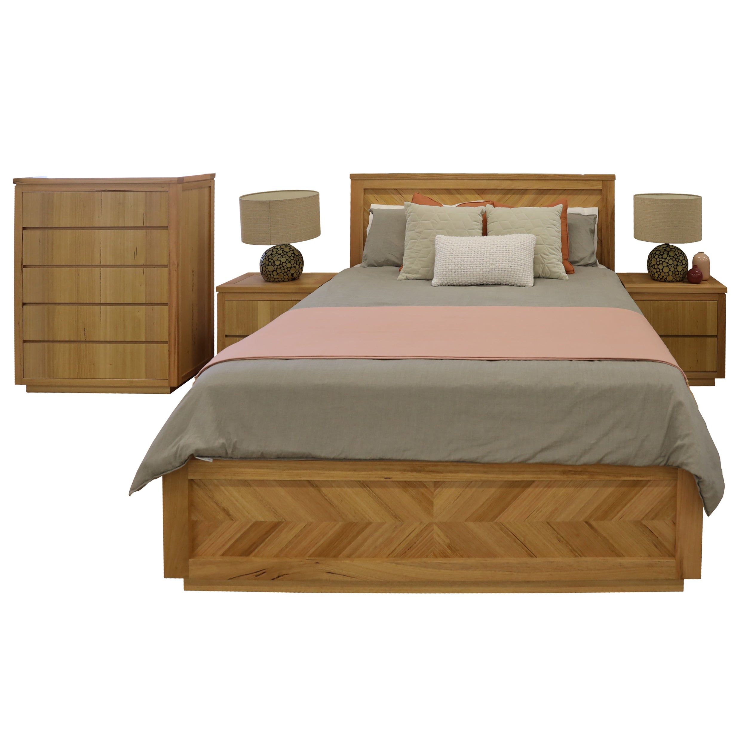 Rosemallow 4pc Queen Bed Frame Bedroom Suite Timber Bedside Tallboy Package Set - SILBERSHELL