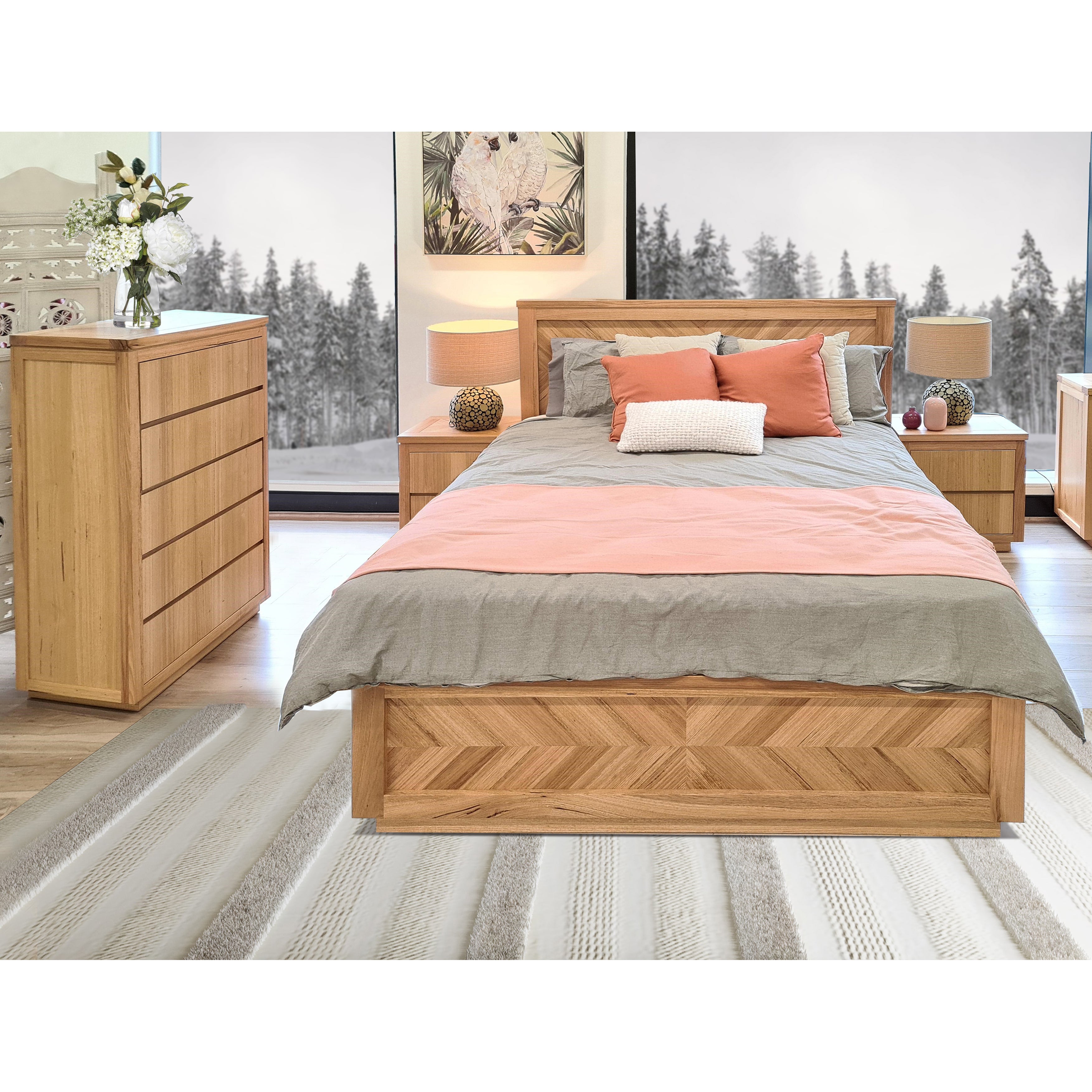 Rosemallow 4pc Queen Bed Frame Bedroom Suite Timber Bedside Tallboy Package Set - SILBERSHELL