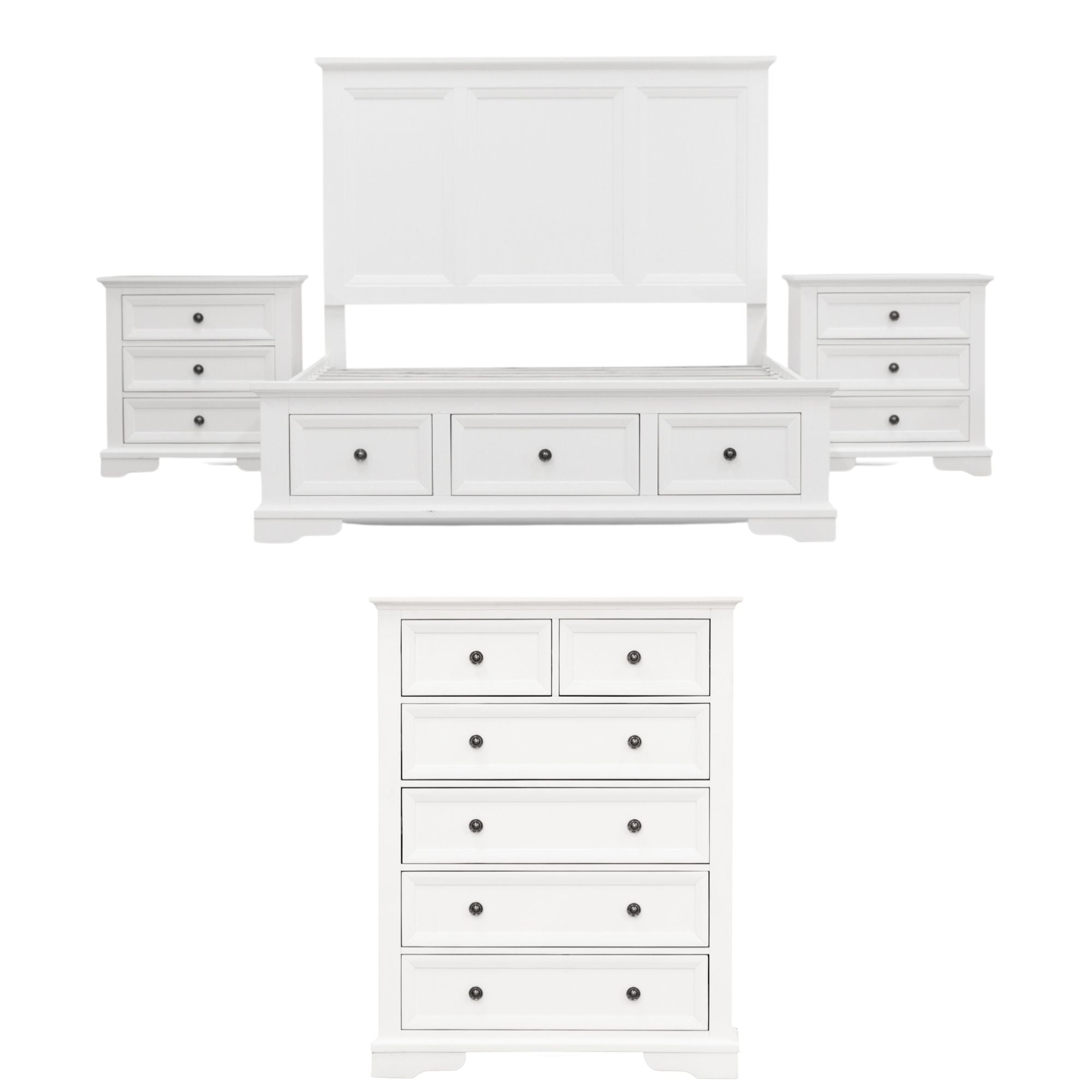 Celosia 4pc King Bed Frame Bedroom Suite Timber Bedside Tallboy Package - White - SILBERSHELL