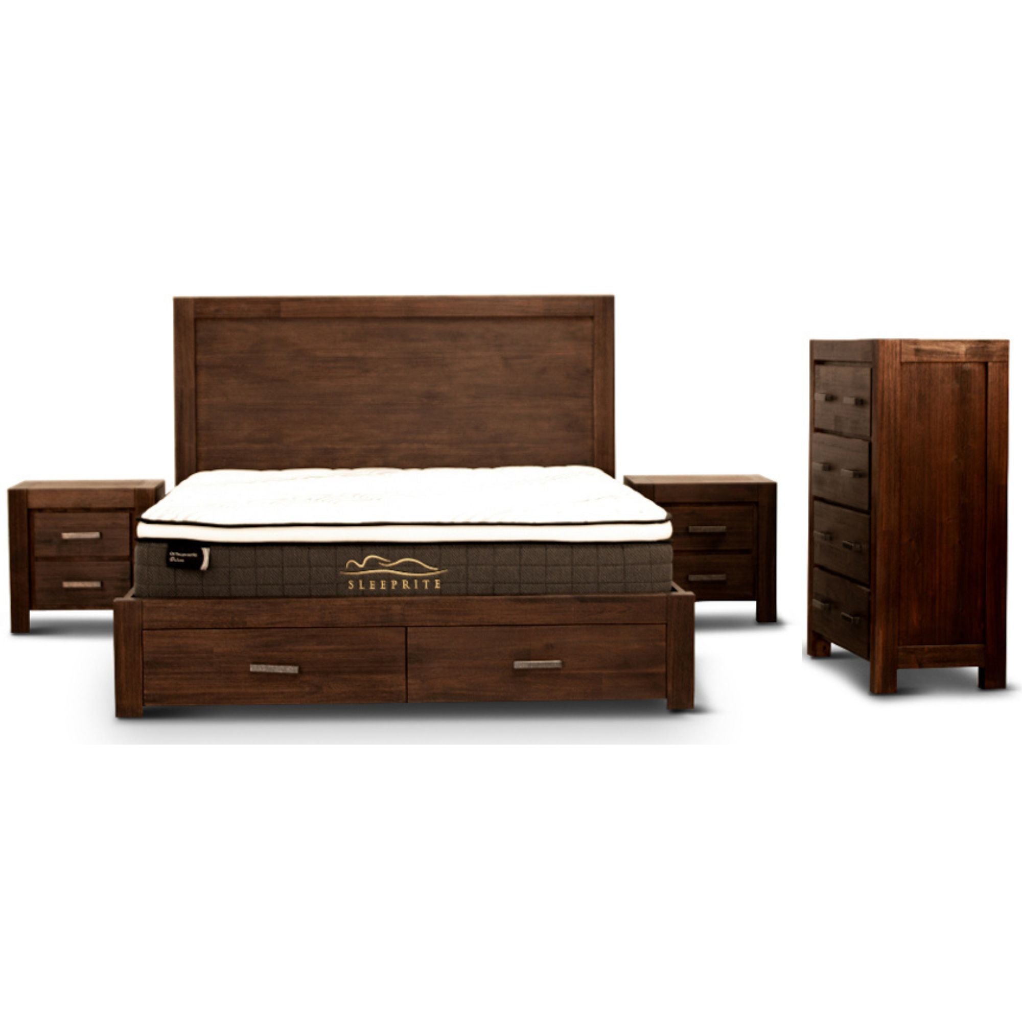 Comfortis 4pc Queen Bed Frame Suite Bedside Tallboy Furniture Package - Walnut - SILBERSHELL