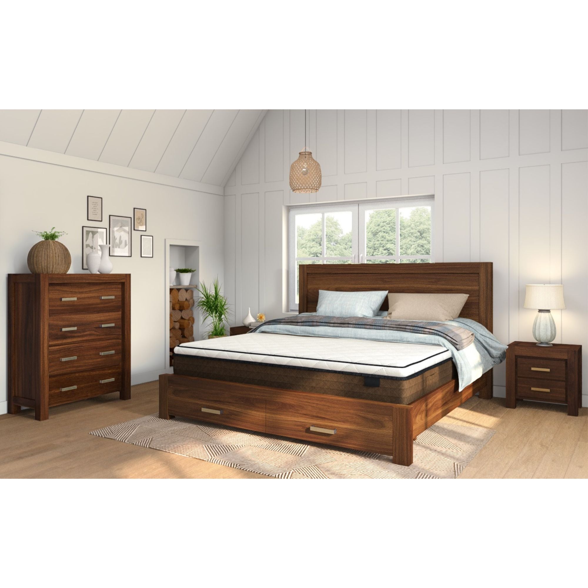 Comfortis 4pc Queen Bed Frame Suite Bedside Tallboy Furniture Package - Walnut - SILBERSHELL