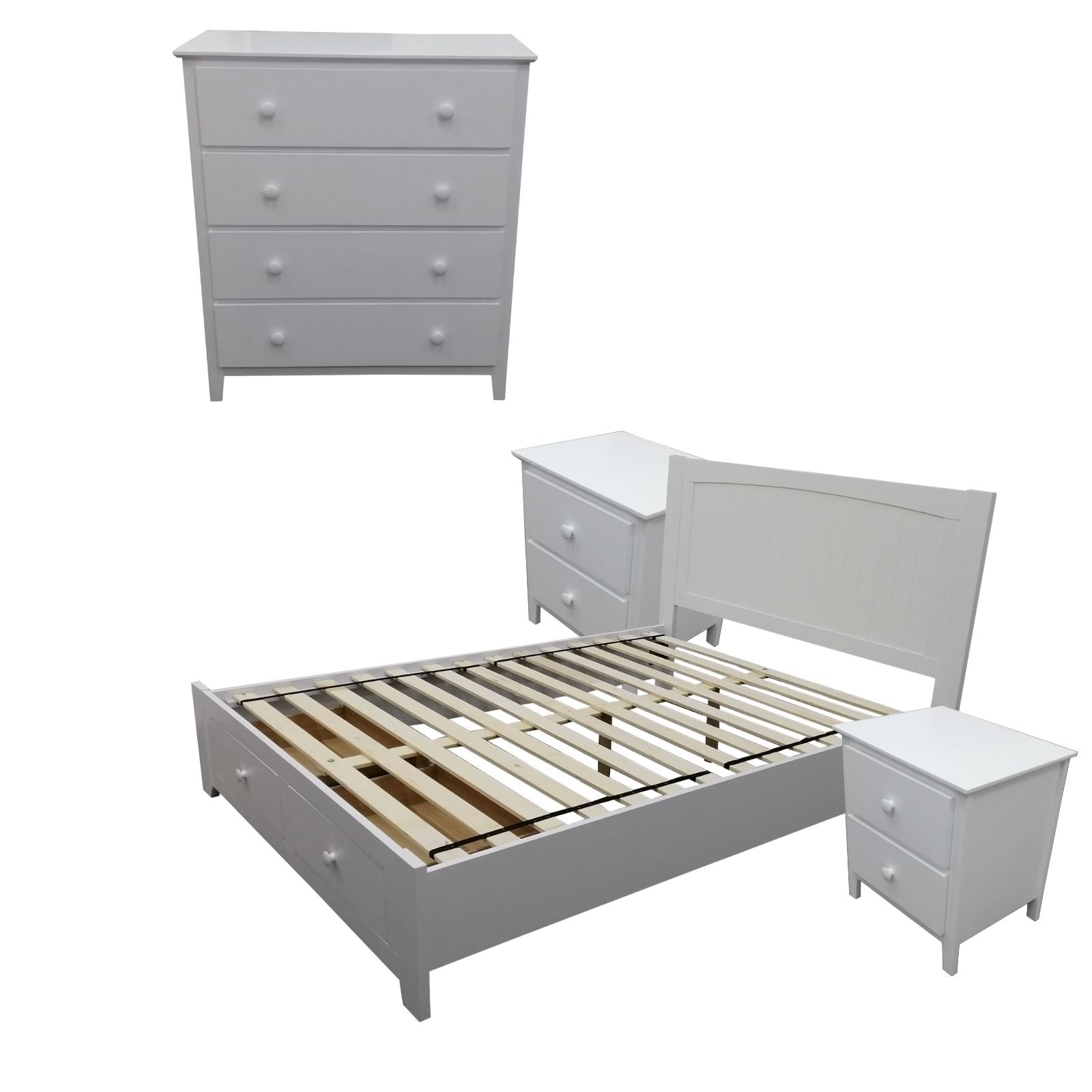 Wisteria 4pc Queen Bed Suite Bedside Tallboy Bedroom Set Furniture Package - WHT - SILBERSHELL