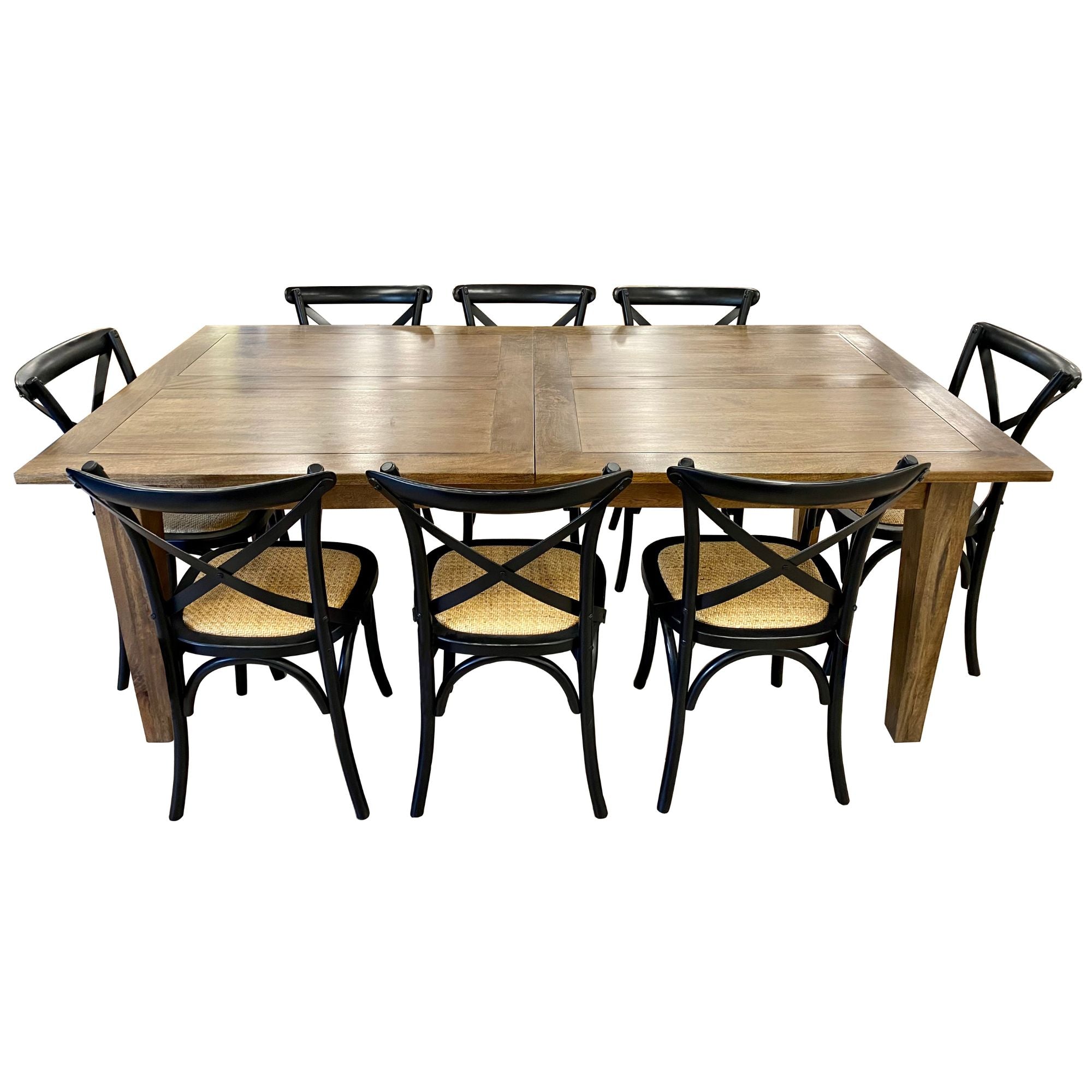 Aksa 9pc Dining Set 210-310cm Extension Timber Table 8 Black Cross Back Chair - SILBERSHELL