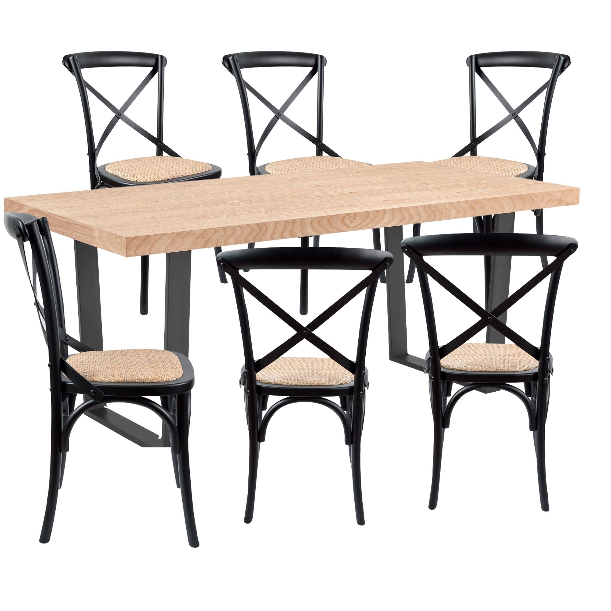 Petunia  7pc 180cm Dining Table Set 6 Cross Back Chair Elm Timber Wood Metal Leg - SILBERSHELL