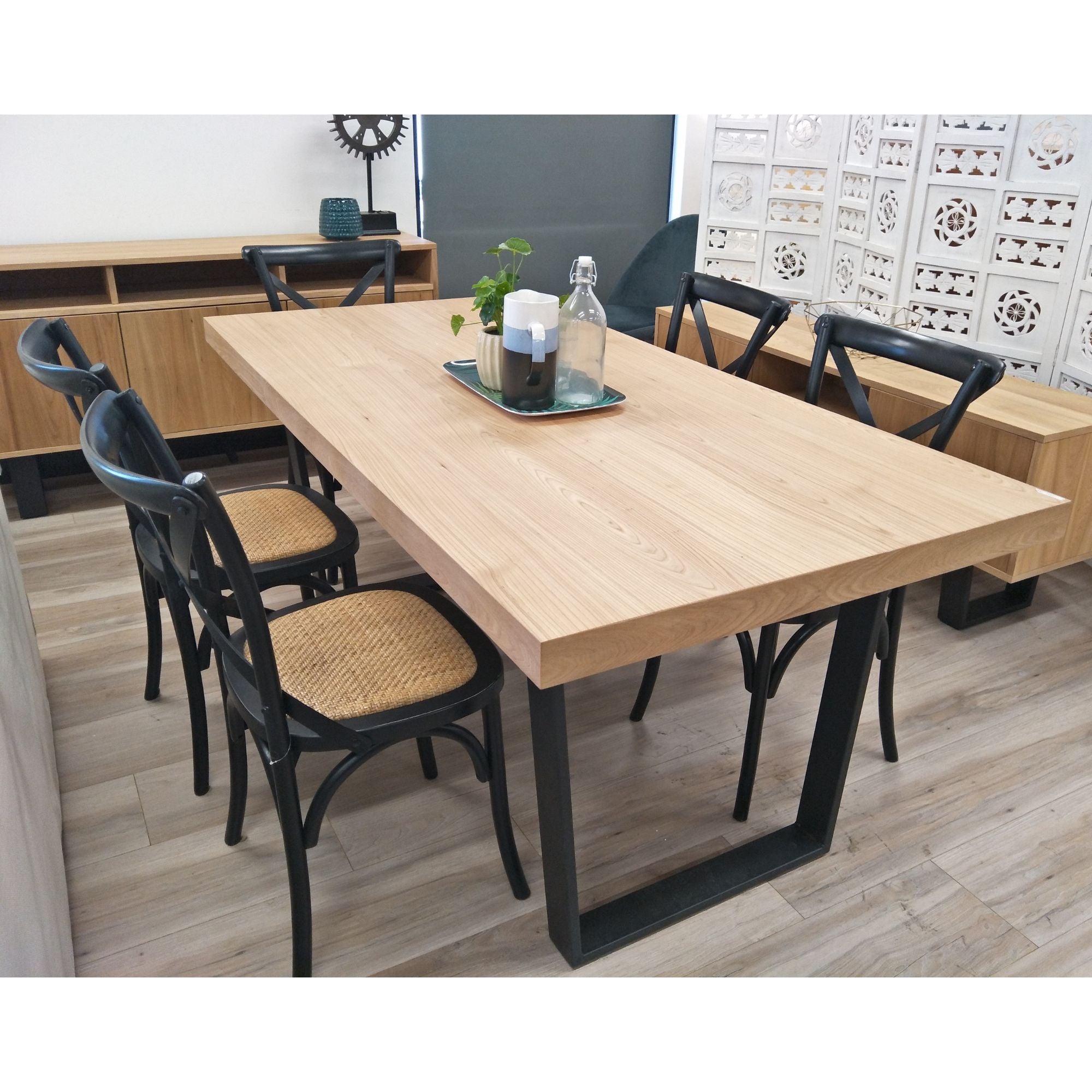 Petunia  7pc 180cm Dining Table Set 6 Cross Back Chair Elm Timber Wood Metal Leg - SILBERSHELL