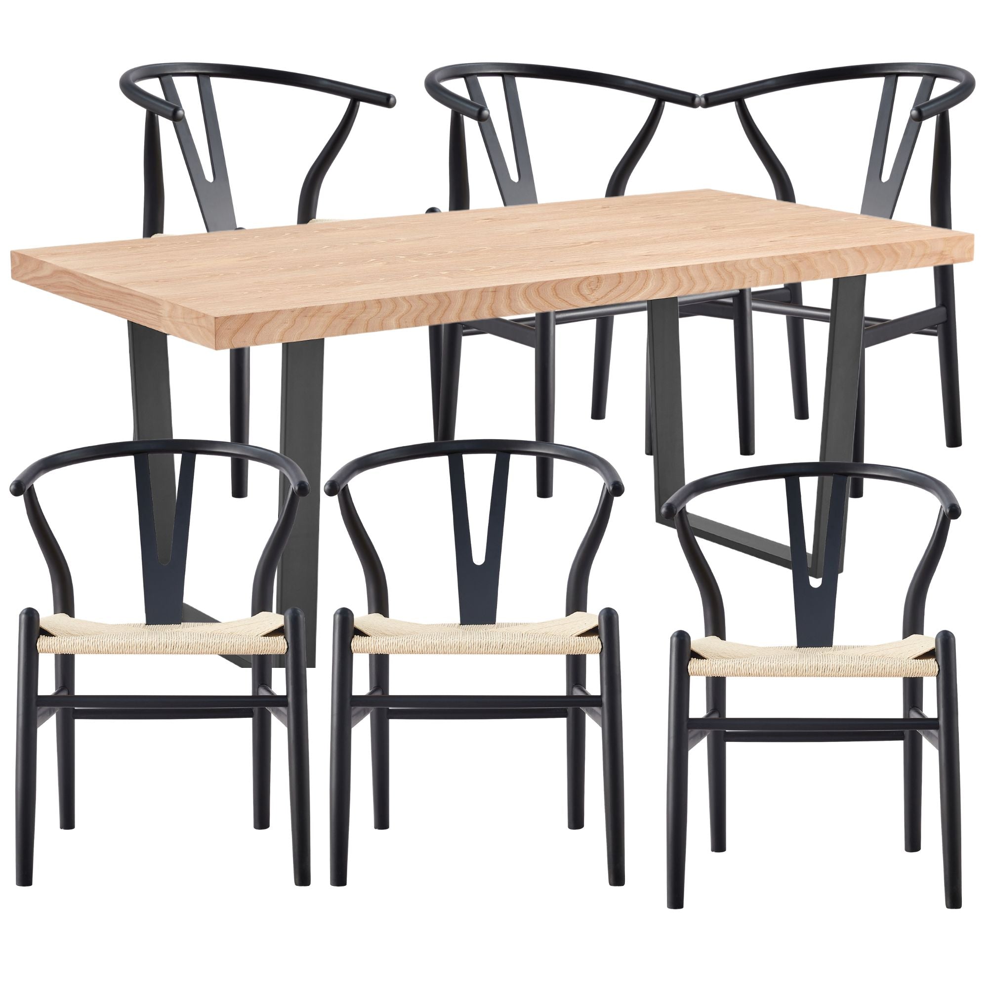 Petunia  7pc 180cm Dining Table Set 6 Wishbone Chair Elm Timber Wood Metal Leg - SILBERSHELL