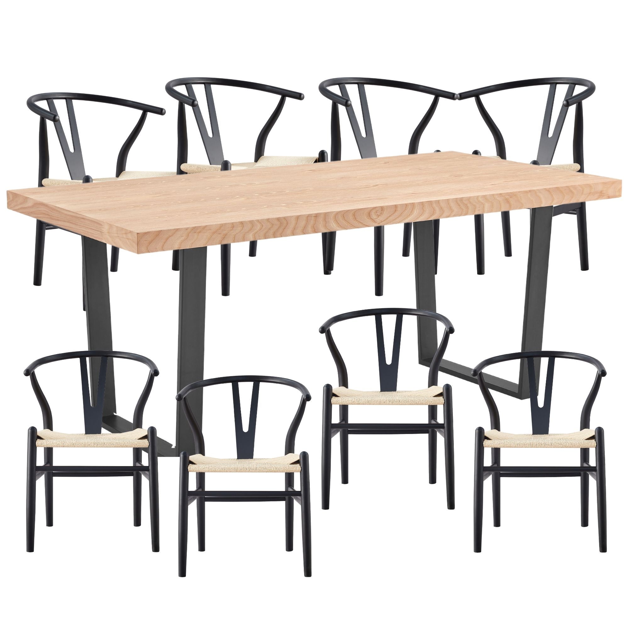 Petunia  9pc 210cm Dining Table Set 8 Wishbone Chair Elm Timber Wood Metal Leg - SILBERSHELL