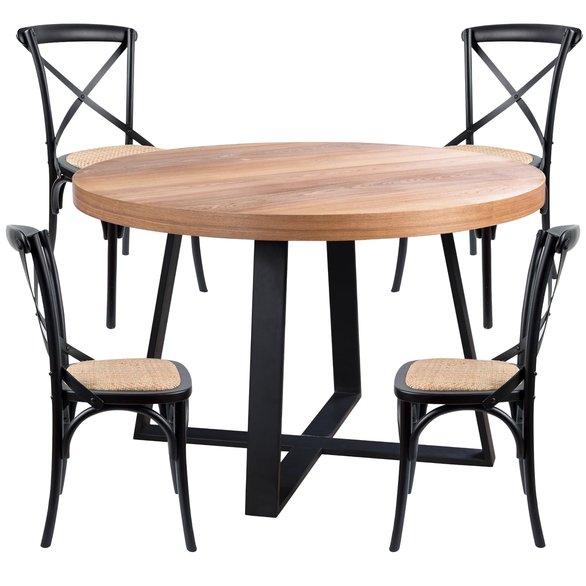 Petunia  5pc 120cm Round Dining Table Set 4 Cross Back Chair Elm Timber Wood - SILBERSHELL