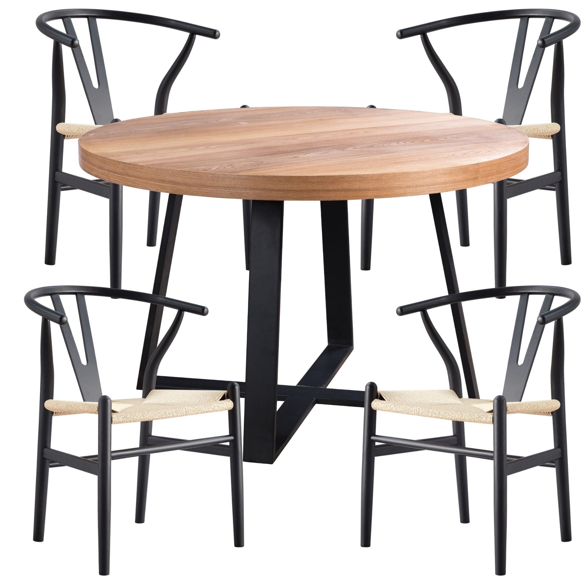 Petunia  5pc 120cm Round Dining Table Set 4 Wishbone Chair Elm Timber Wood - SILBERSHELL