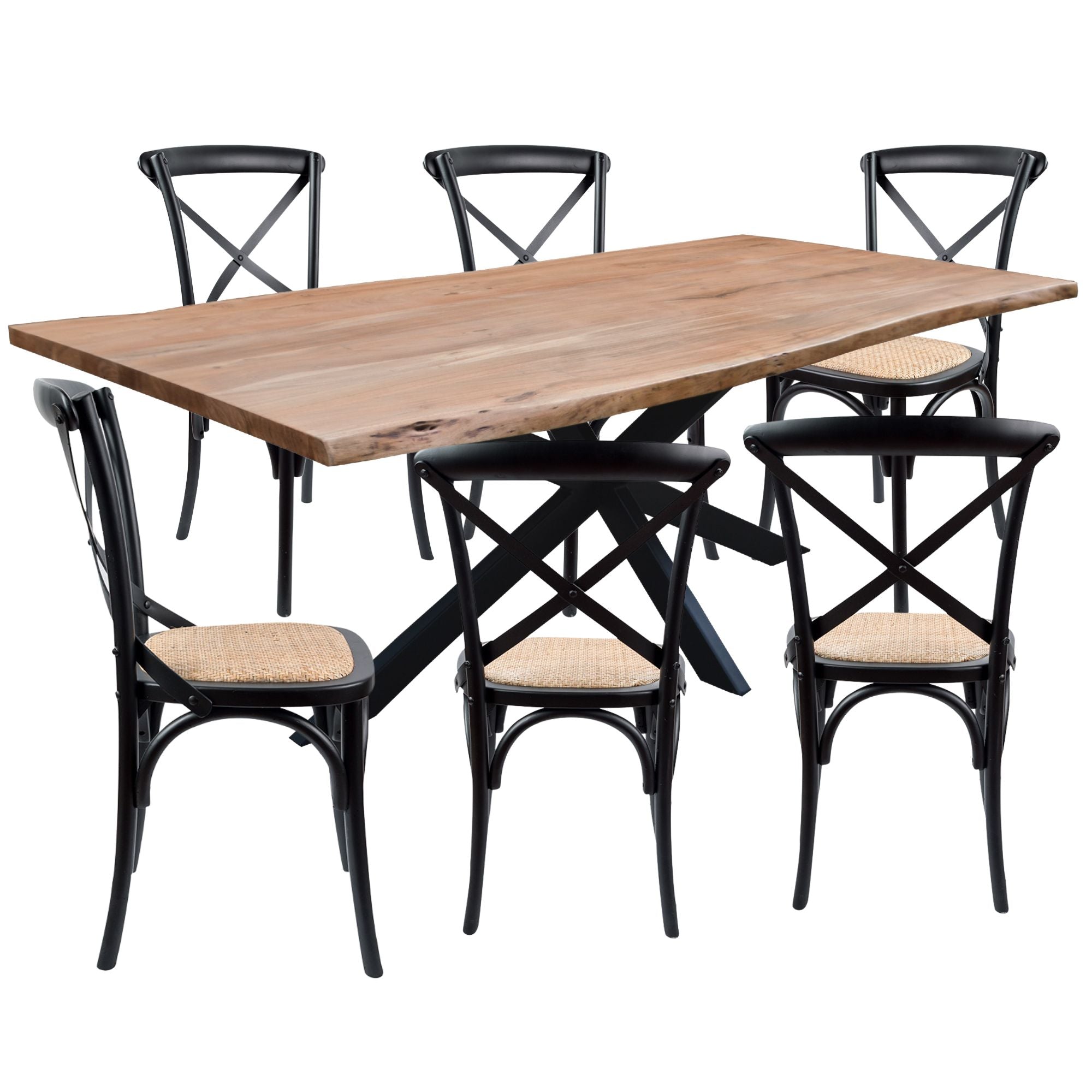 Lantana 7pc 210cm Dining Table 6 Black X-Back Chair Set Live Edge Acacia Wood - SILBERSHELL