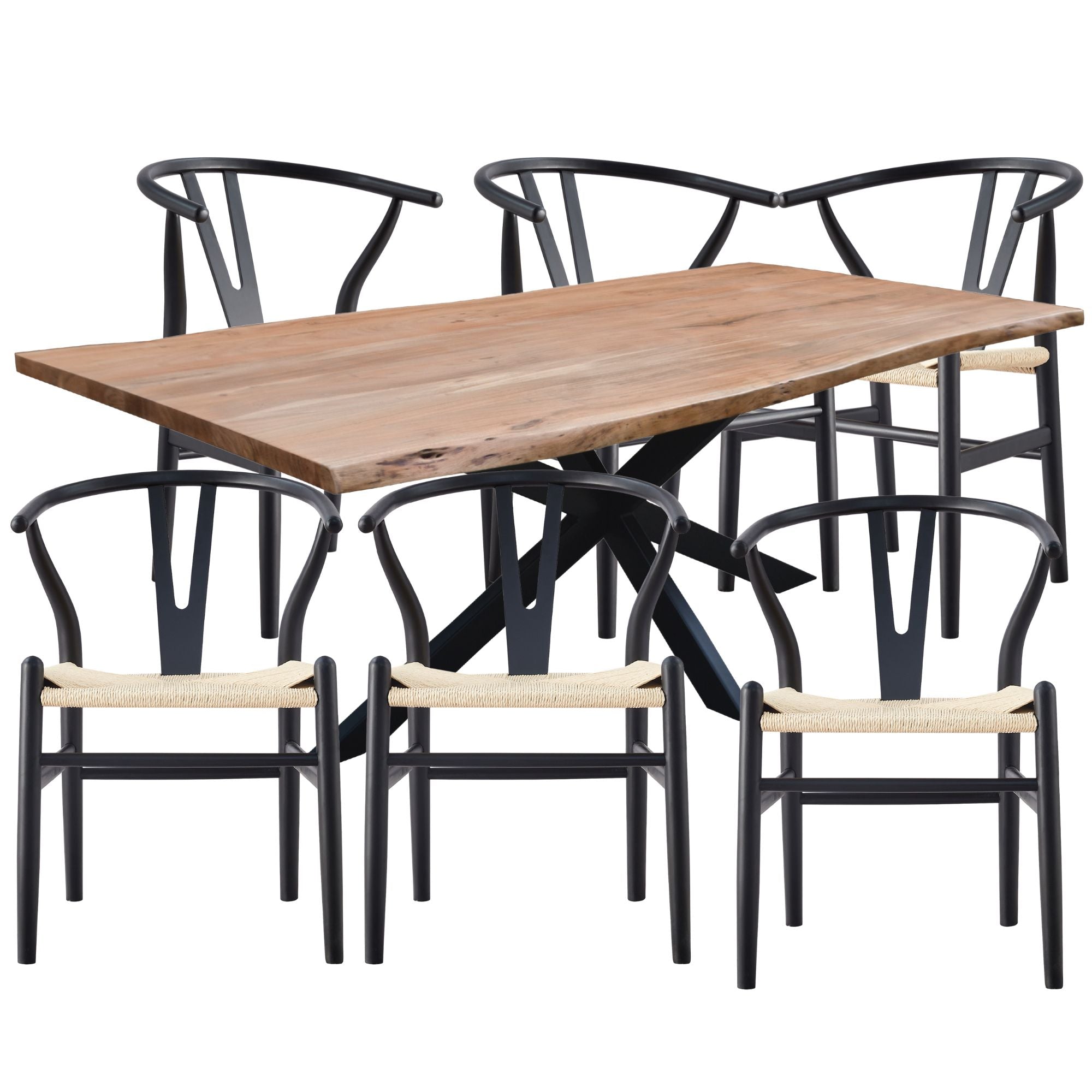 Lantana 7pc 210cm Dining Table 6 Black Wishbone Chair Set Live Edge Acacia Wood - SILBERSHELL