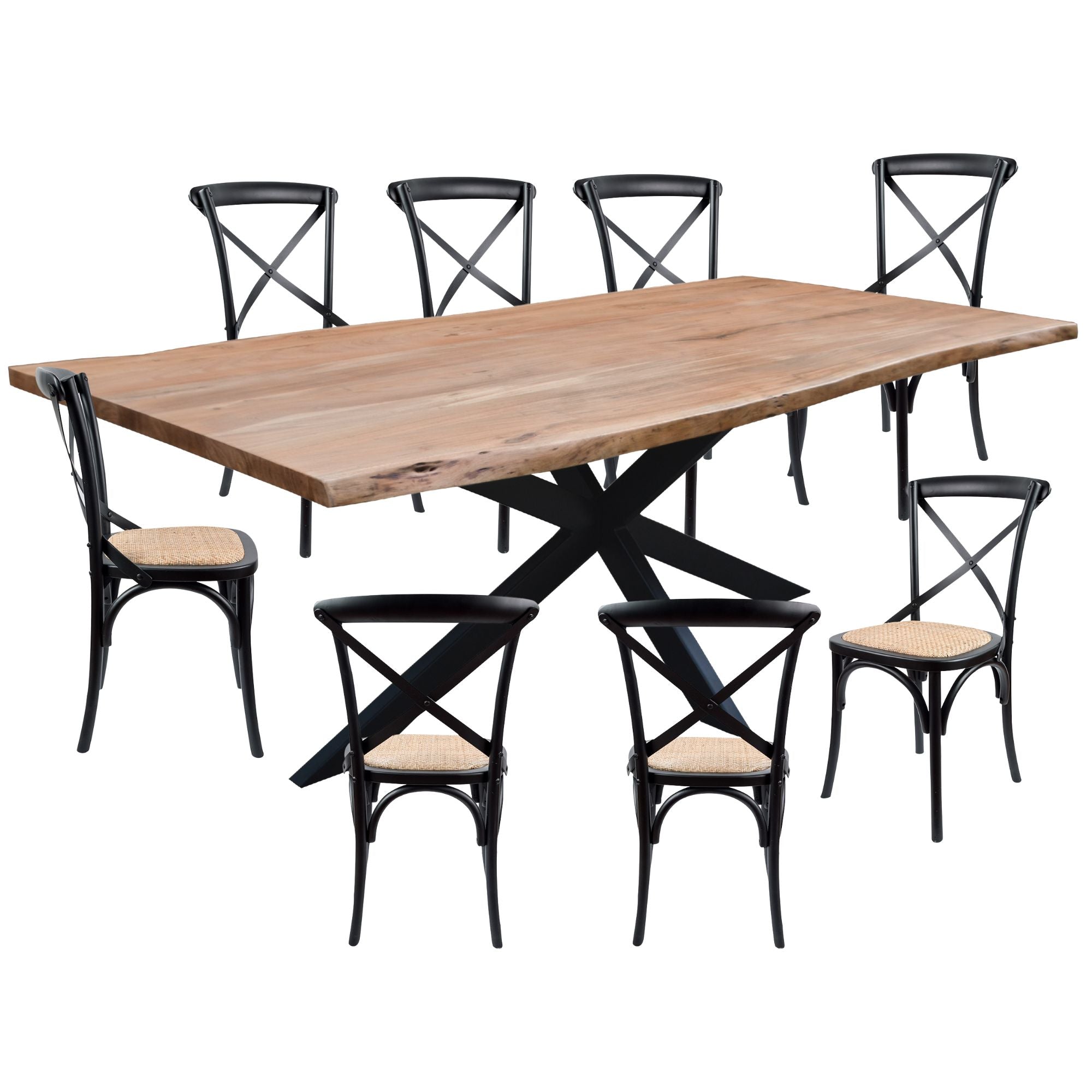 Lantana 9pc 240cm Dining Table 8 Black X-Back Chair Set Live Edge Acacia Wood - SILBERSHELL