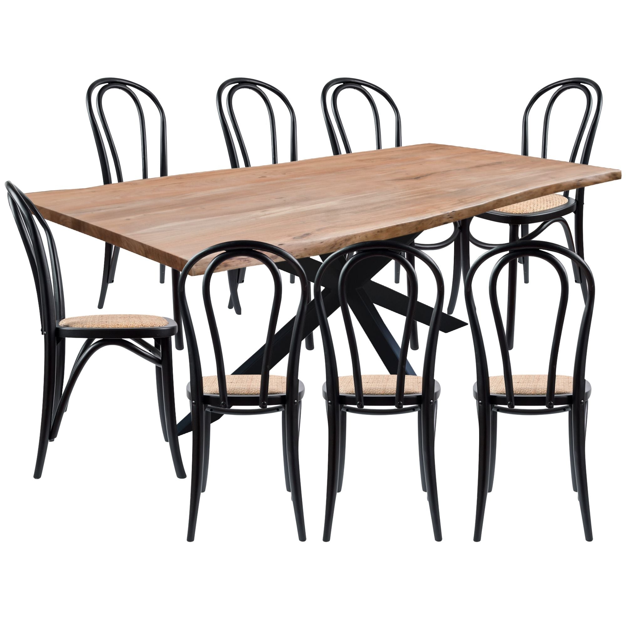 Lantana 9pc 240cm Dining Table 8 Black Arched Back Chair Set Live Edge Acacia - SILBERSHELL