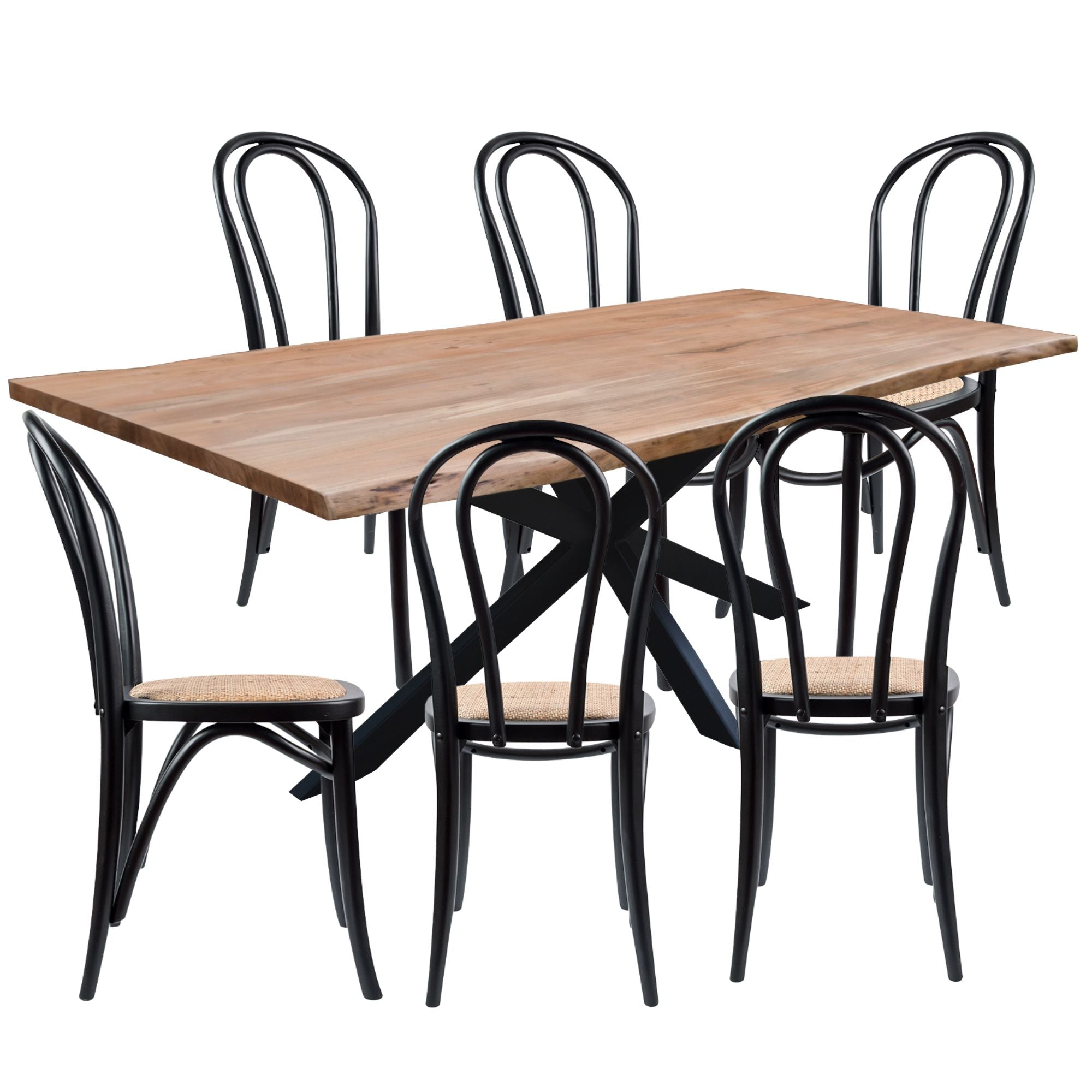 Lantana 7pc 180cm Dining Table 6 Black Arched Back Chair Set Live Edge Acacia - SILBERSHELL