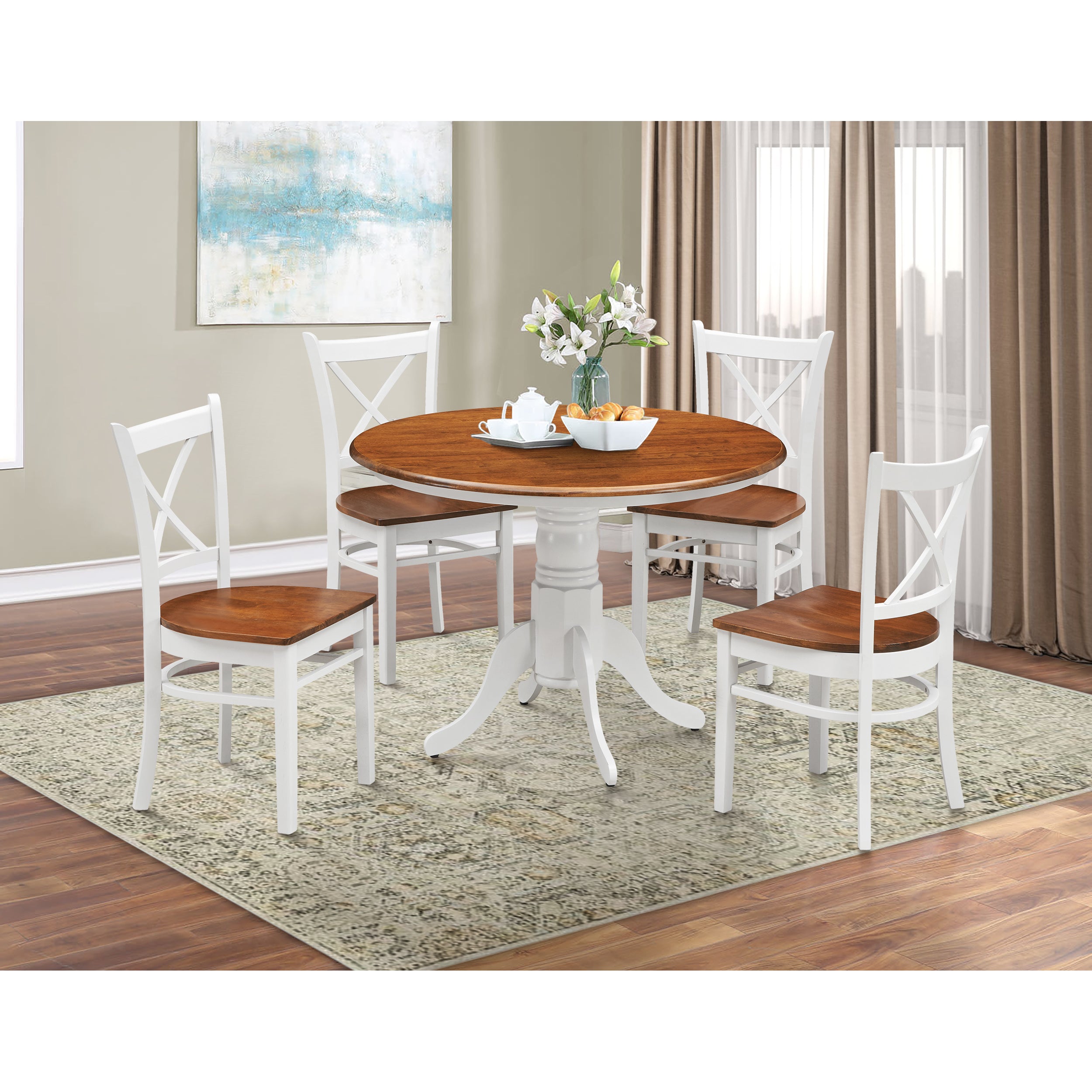 Lupin 5pc Dining Set 106cm Round Pedestral Table 4 Rubber Wood Chair - White Oak - SILBERSHELL