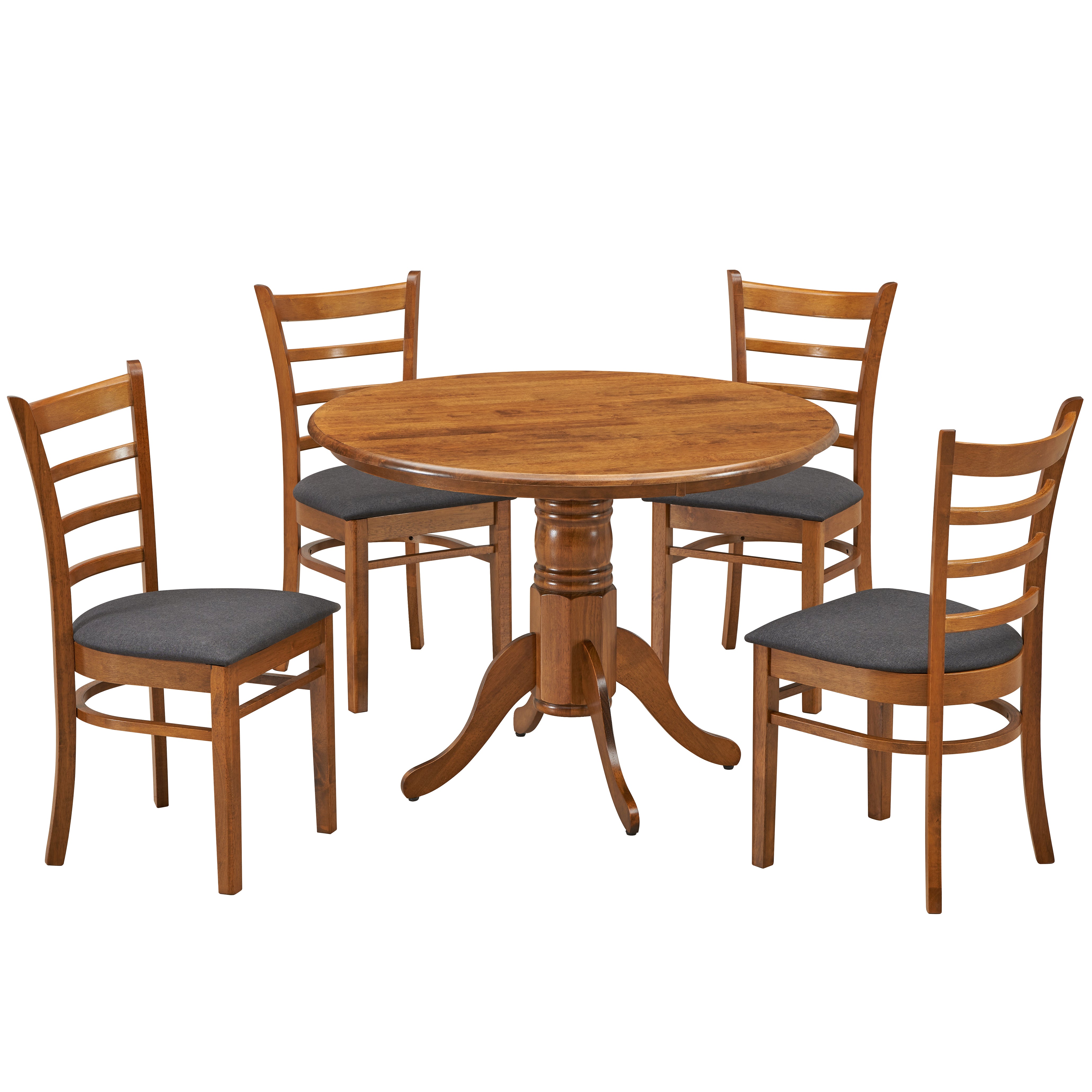 Linaria 5pc Dining Set 106cm Round Pedestral Table 4 Fabric Seat Chair - Walnut - SILBERSHELL