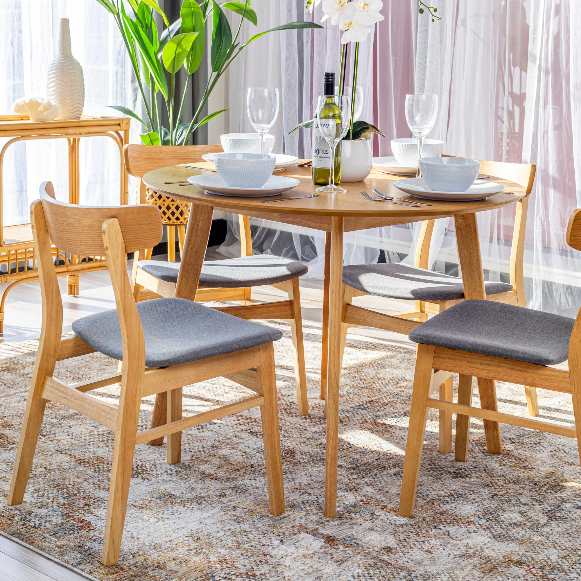 Oscar 5pc Dining Set 100cm Round Table 4 Chair Fabric Seat Scandinavian Style - SILBERSHELL