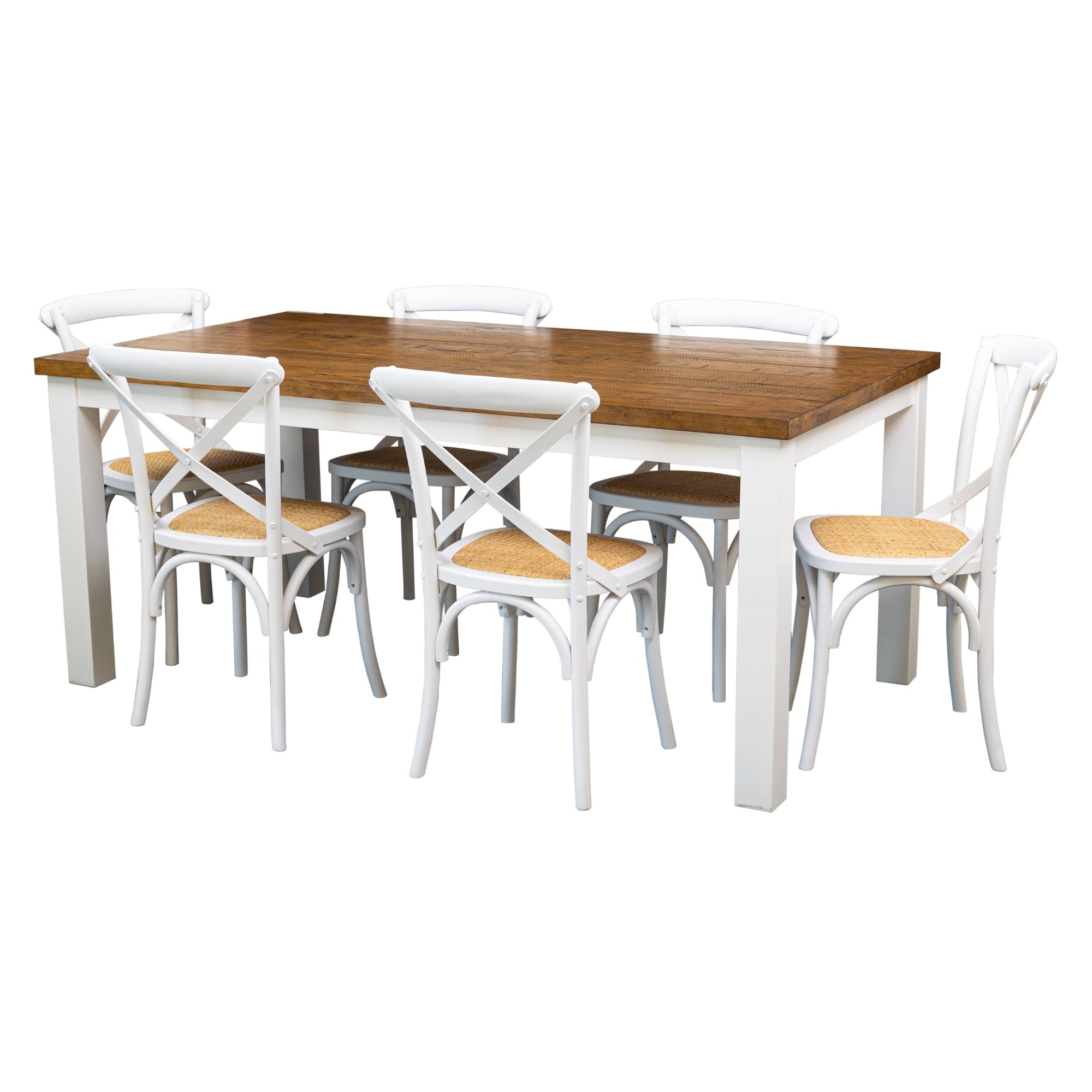 Norah 7pc Dining Set Table 180cm Solid Acacia Wood White Crossback Chair - SILBERSHELL