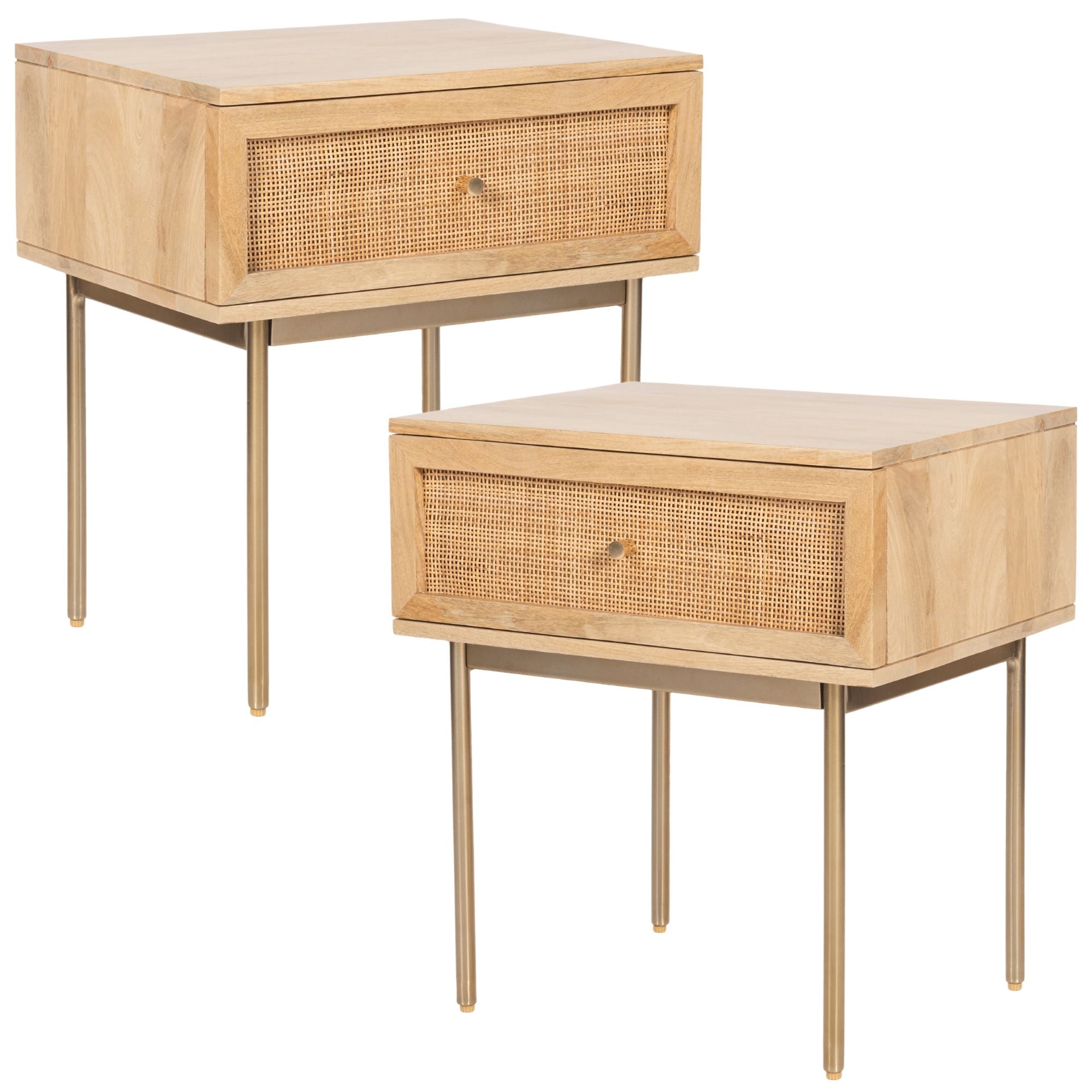 Martina Set of 2 Bedside Table 1 Drawer Storage Cabinet Solid Mango Wood Rattan - SILBERSHELL