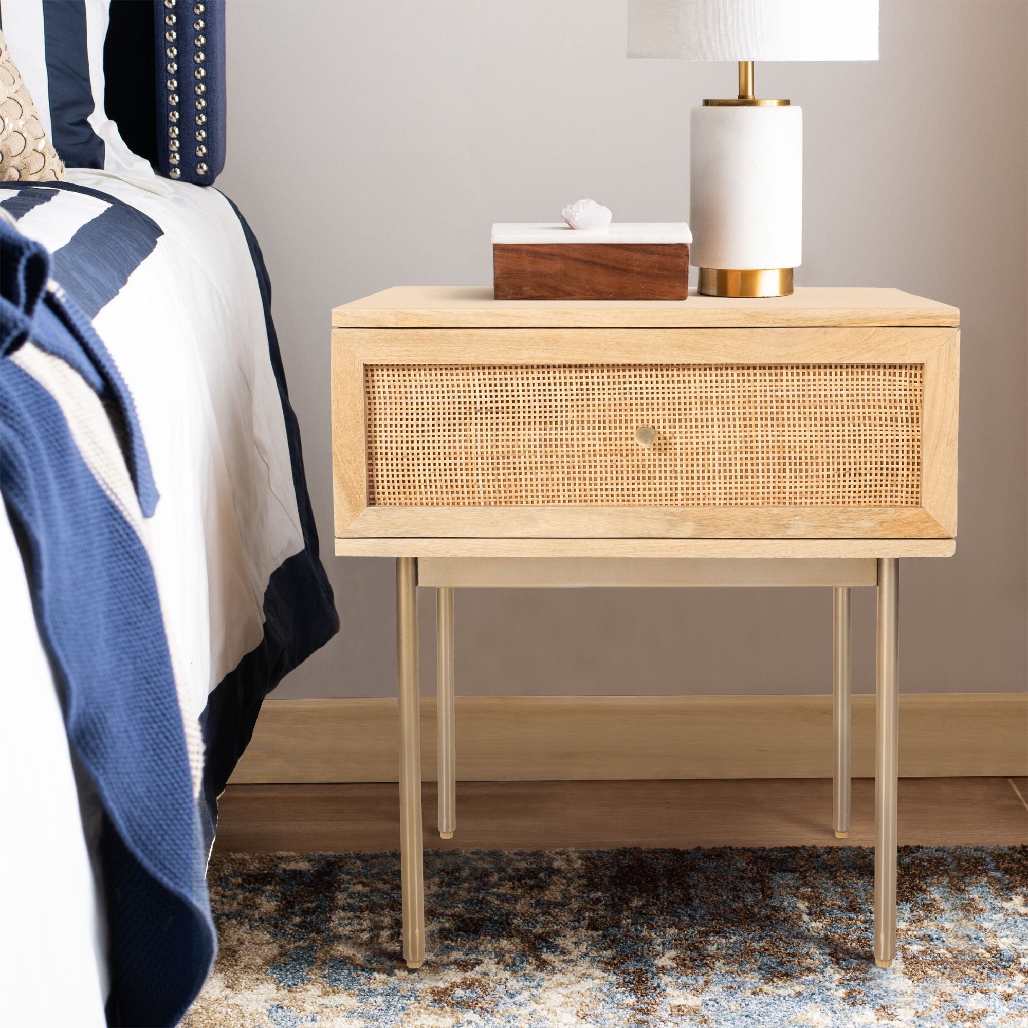 Martina Set of 2 Bedside Table 1 Drawer Storage Cabinet Solid Mango Wood Rattan - SILBERSHELL