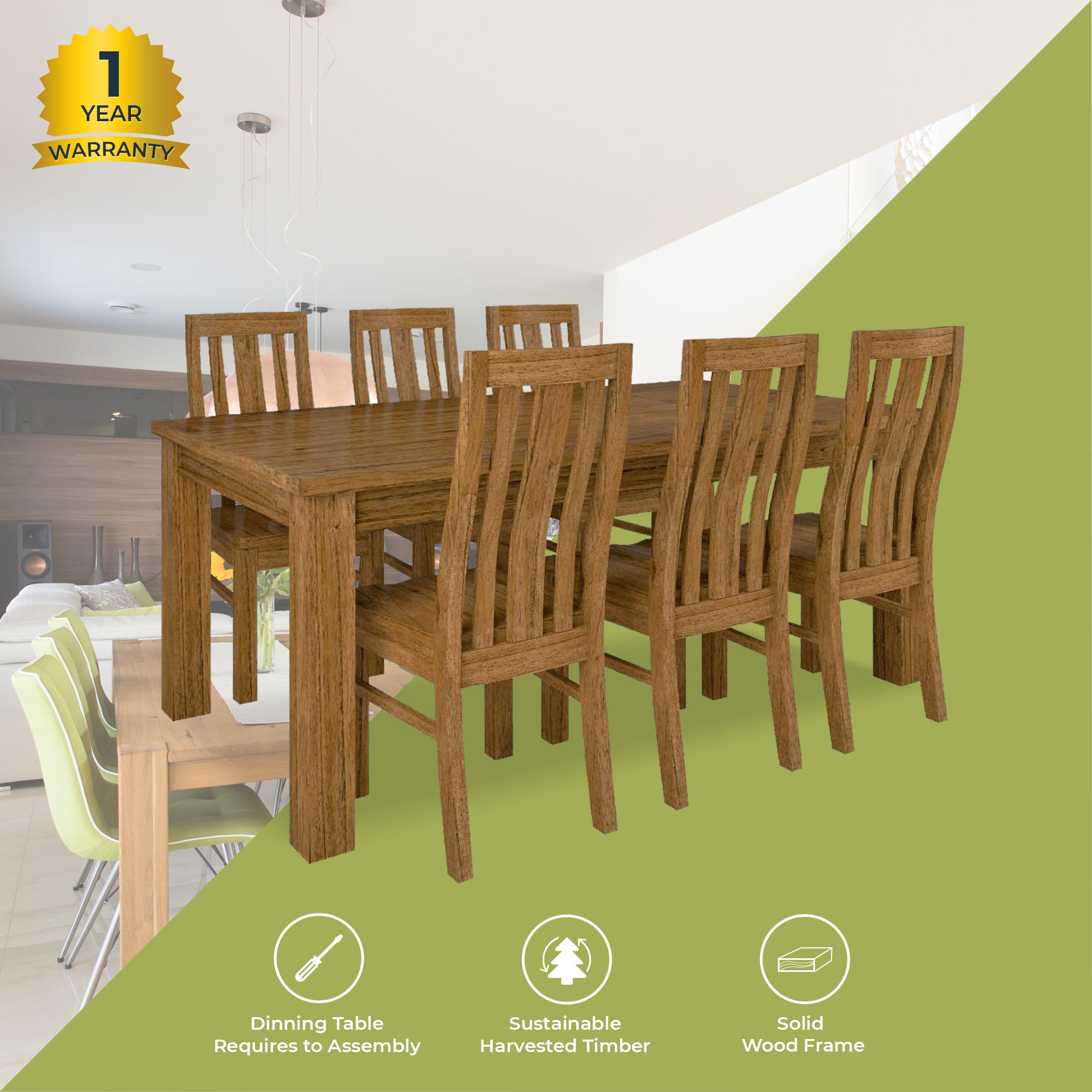 Birdsville 7pc Dining Set 190cm Table 6 Chair Solid Mt Ash Wood Timber - Brown - SILBERSHELL