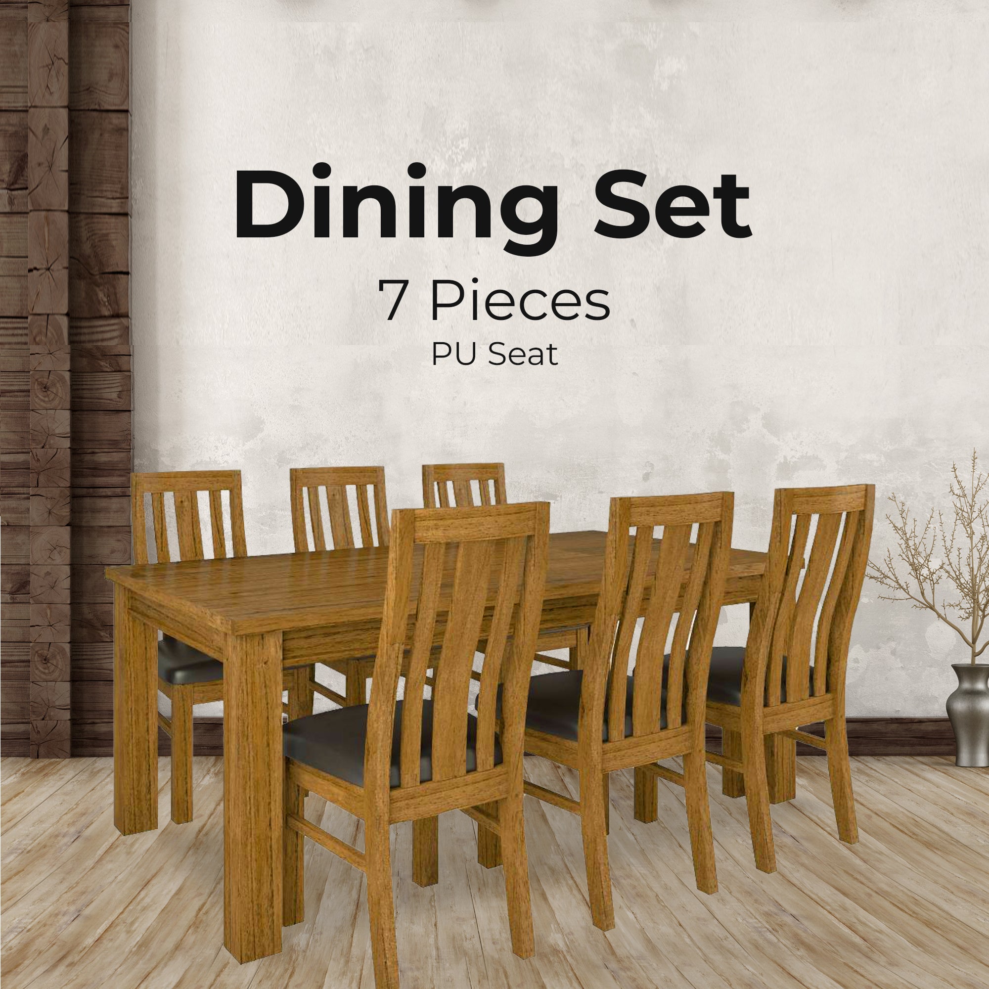 Birdsville 7pc Dining Set 190cm Table 6 PU Seat Chair Solid Mt Ash Wood - Brown - SILBERSHELL