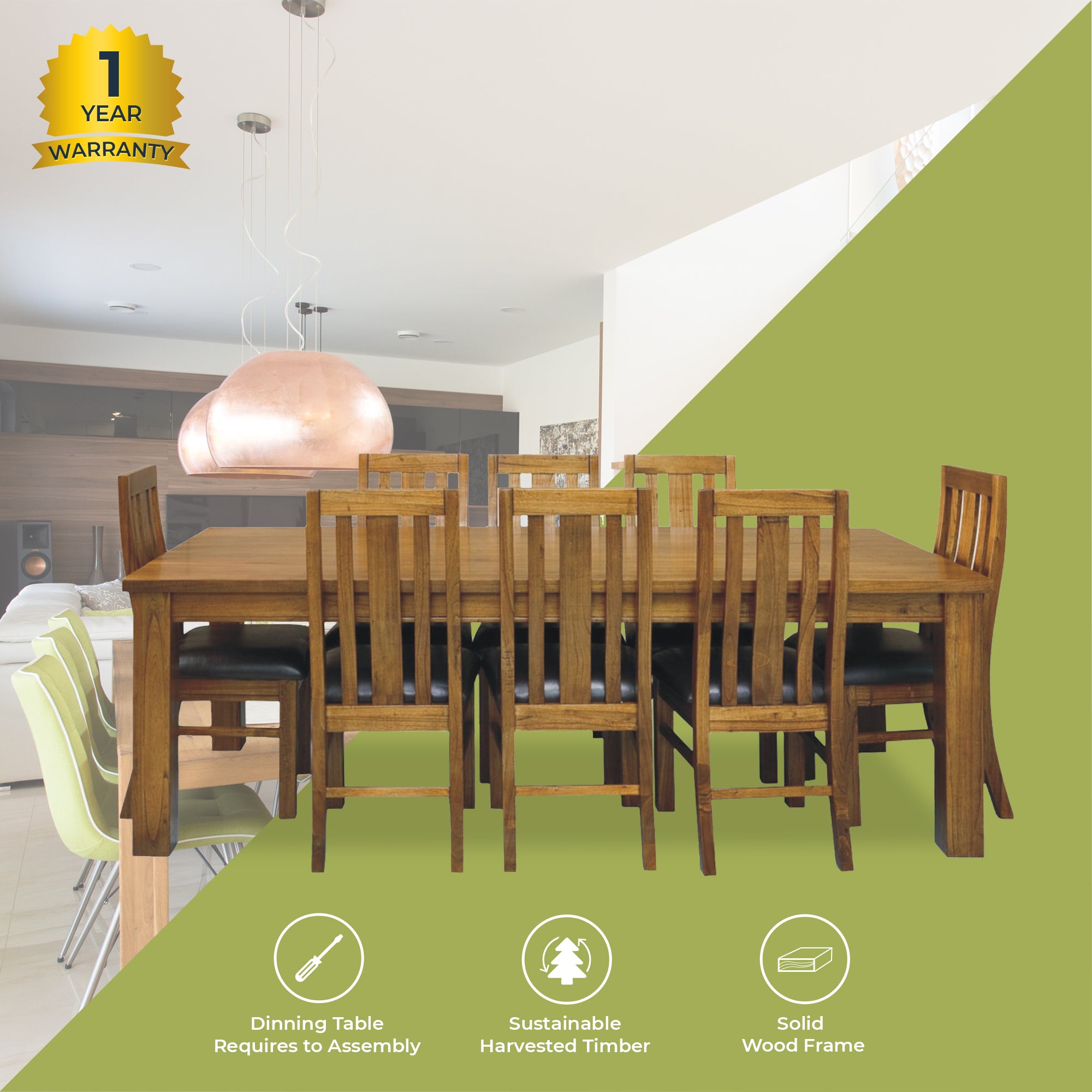 Birdsville 9pc Dining Set 225cm Table 8 PU Seat Chair Solid Mt Ash Wood - Brown - SILBERSHELL