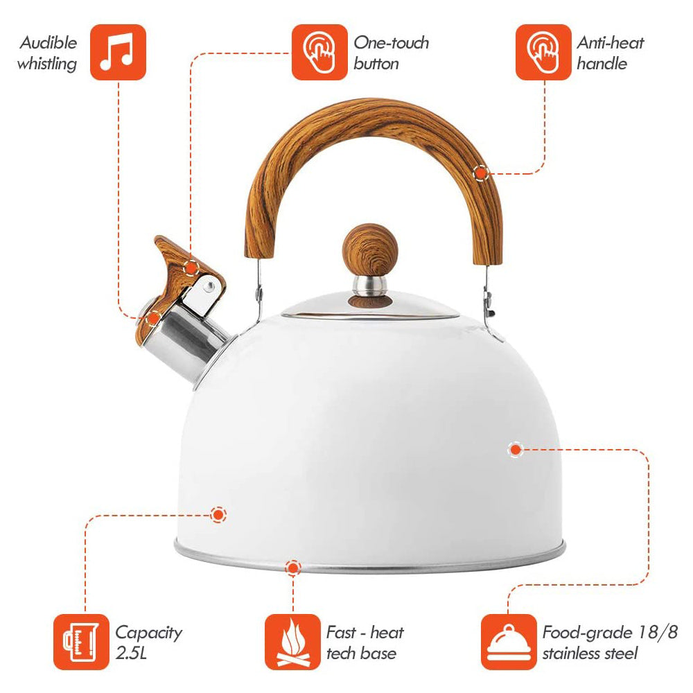 2.5 Liter Tea Whistling Kettle Stainless Steel Modern Whistling Tea Pot for Stovetop White - SILBERSHELL