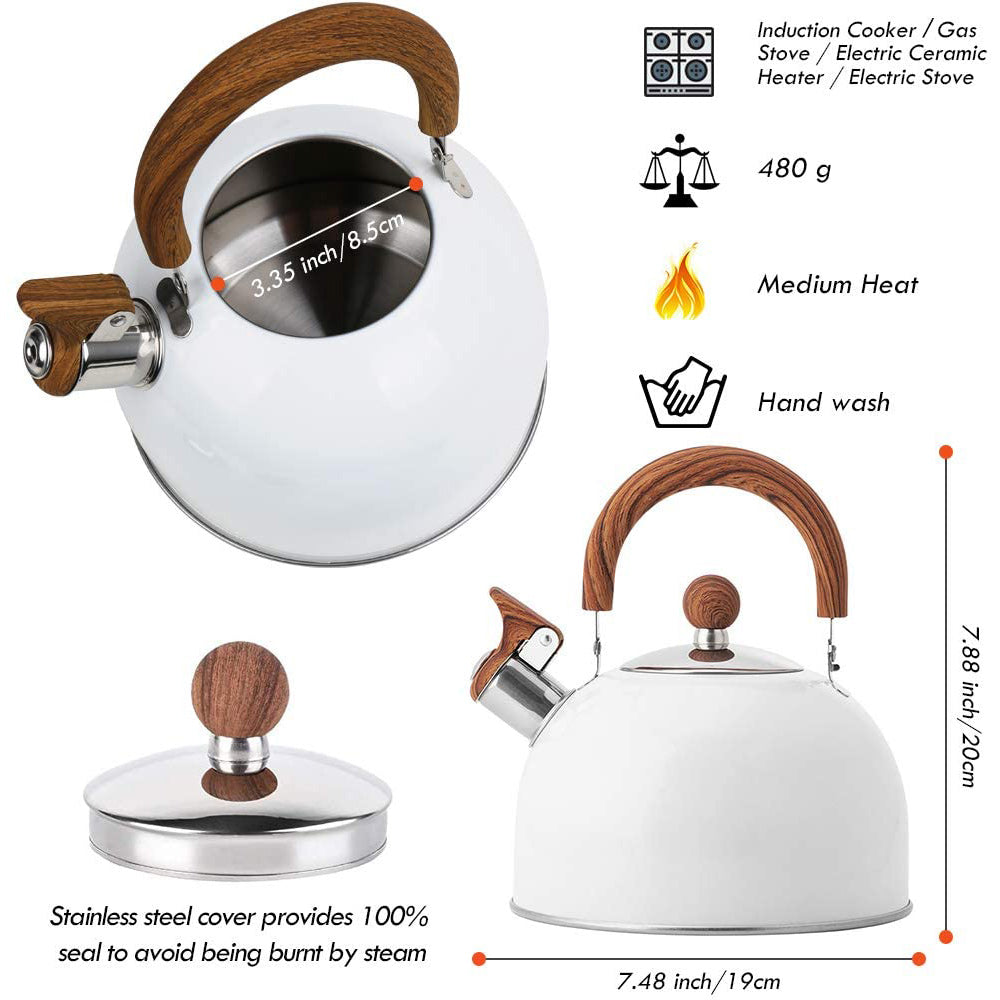 2.5 Liter Tea Whistling Kettle Stainless Steel Modern Whistling Tea Pot for Stovetop White - SILBERSHELL