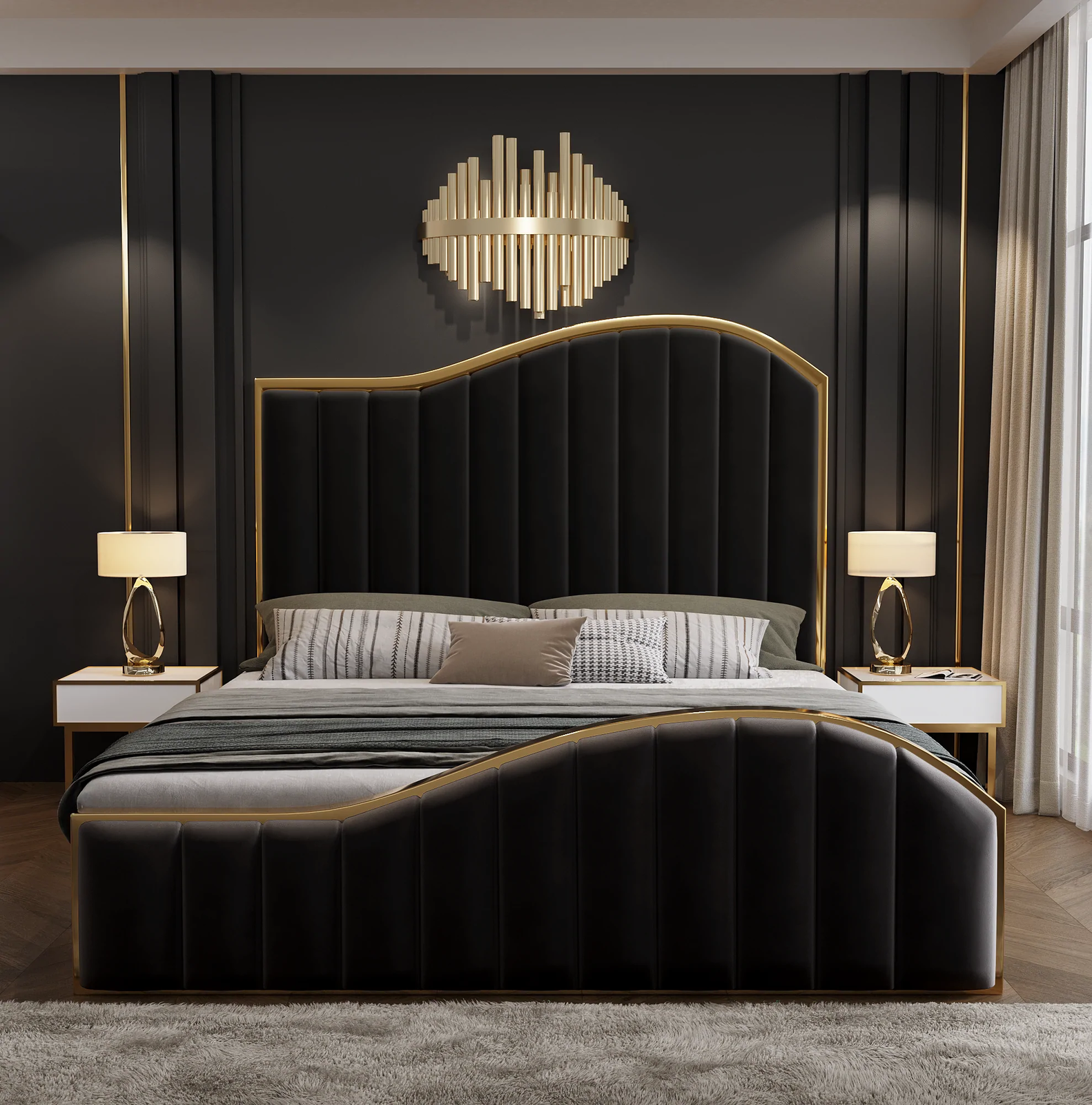Elegant Luxury King Size Velvet Fabric Storage Bedframe Golden Trim-Black - SILBERSHELL