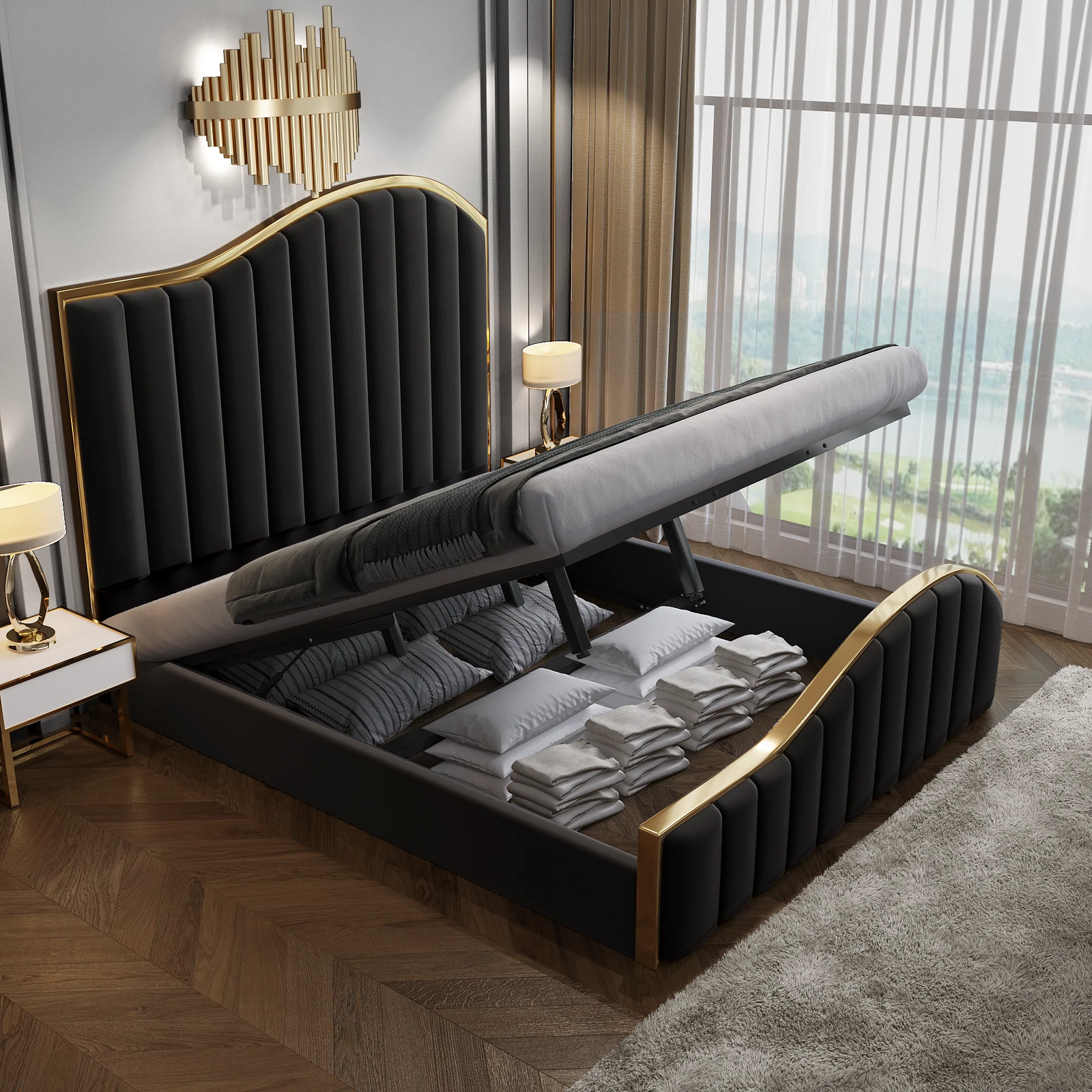 Elegant Luxury King Size Velvet Fabric Storage Bedframe Golden Trim-Black - SILBERSHELL