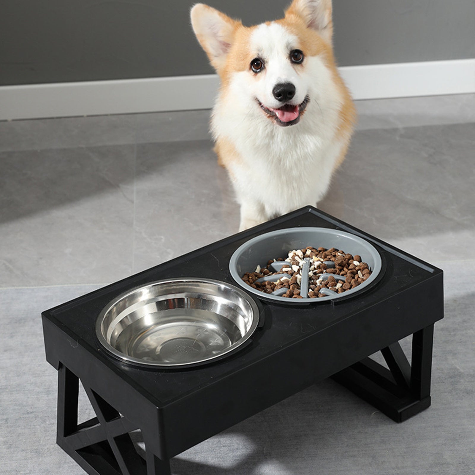 Pawfriends Adjustable Height Raised Stand for Double Bowl Pet Food and Water Feeder - SILBERSHELL