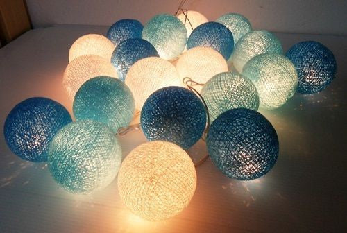 1 Set of 20 LED Blue 5cm Cotton Ball Battery Powered String Lights Christmas Gift Home Wedding Party Boys Bedroom Decoration Indoor Table Centrepiece - SILBERSHELL