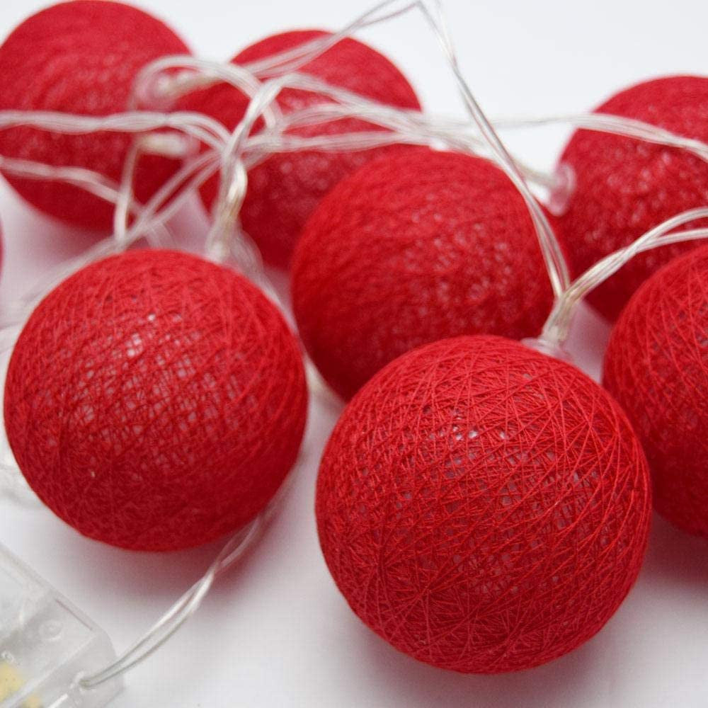 1 Set of 20 LED Red 5cm Cotton Ball Battery Powered String Lights Christmas Gift Home Wedding Party Bedroom Decoration Outdoor Indoor Table Centrepiece - SILBERSHELL