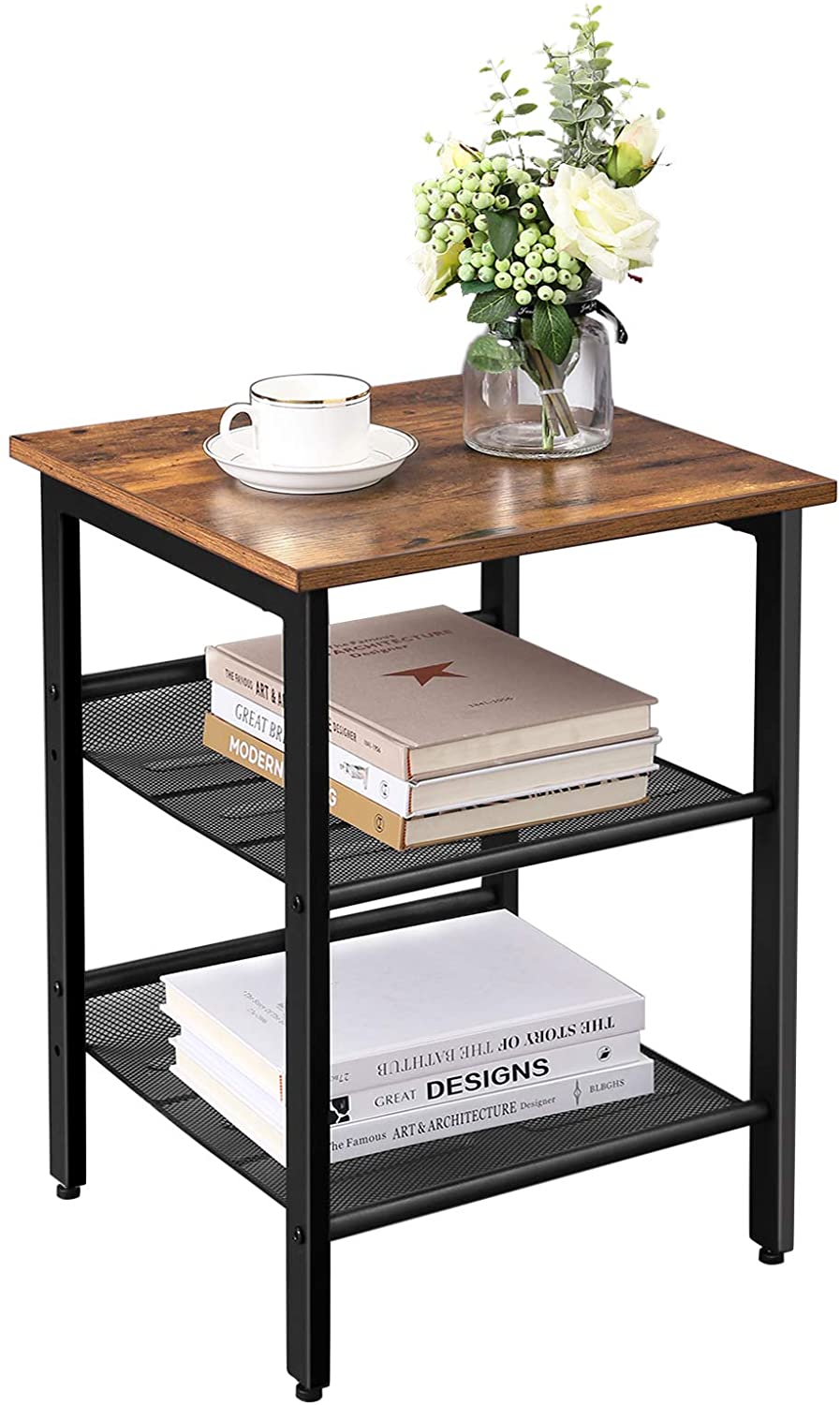 VASAGLE Side Table with 2 Mesh Shelves - SILBERSHELL