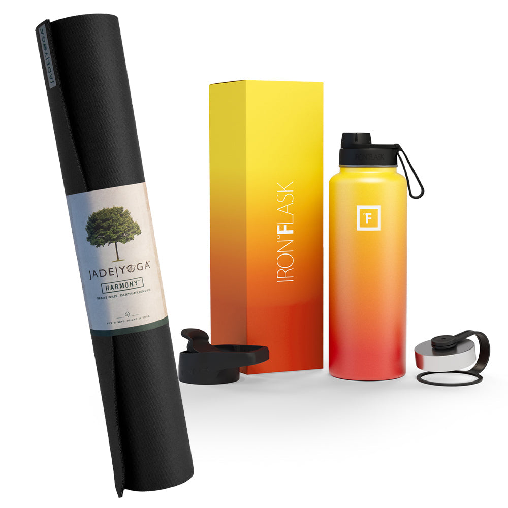 Jade Yoga Harmony Mat- Black & Iron Flask Wide Mouth Bottle with Spout Lid, Fire, 32oz/950ml Bundle - SILBERSHELL