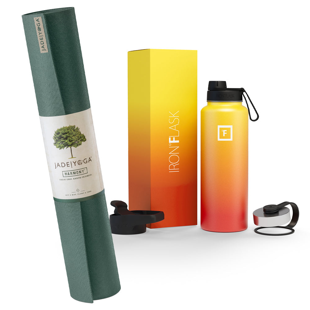 Jade Yoga Harmony Mat - Jade Green & Iron Flask Wide Mouth Bottle with Spout Lid, Fire, 32oz/950ml Bundle - SILBERSHELL
